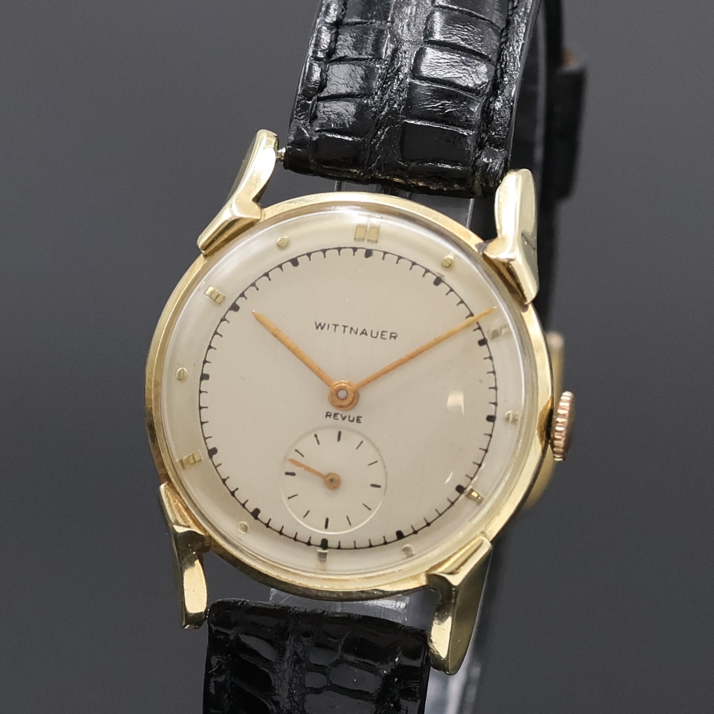 Detail a: WITTNAUER / REVUE ausgefallene Armbanduhr in GG 585/000, USA/Schweiz um 1950, Handaufzug, 2-teil. gedr. Gehäuse mit betonten Bandanstößen, vers. ...