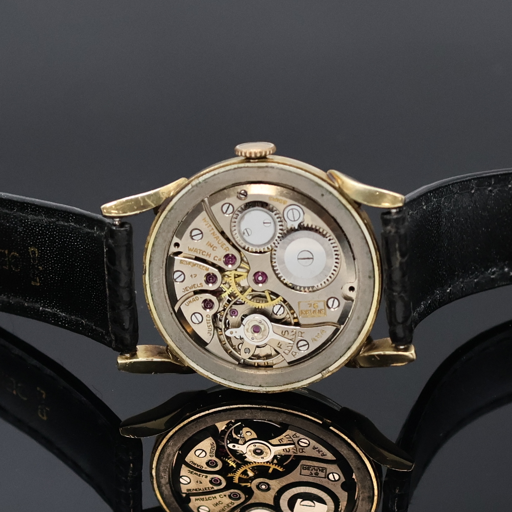 Detail d: WITTNAUER / REVUE ausgefallene Armbanduhr in GG 585/000, USA/Schweiz um 1950, Handaufzug, 2-teil. gedr. Gehäuse mit betonten Bandanstößen, vers. ...