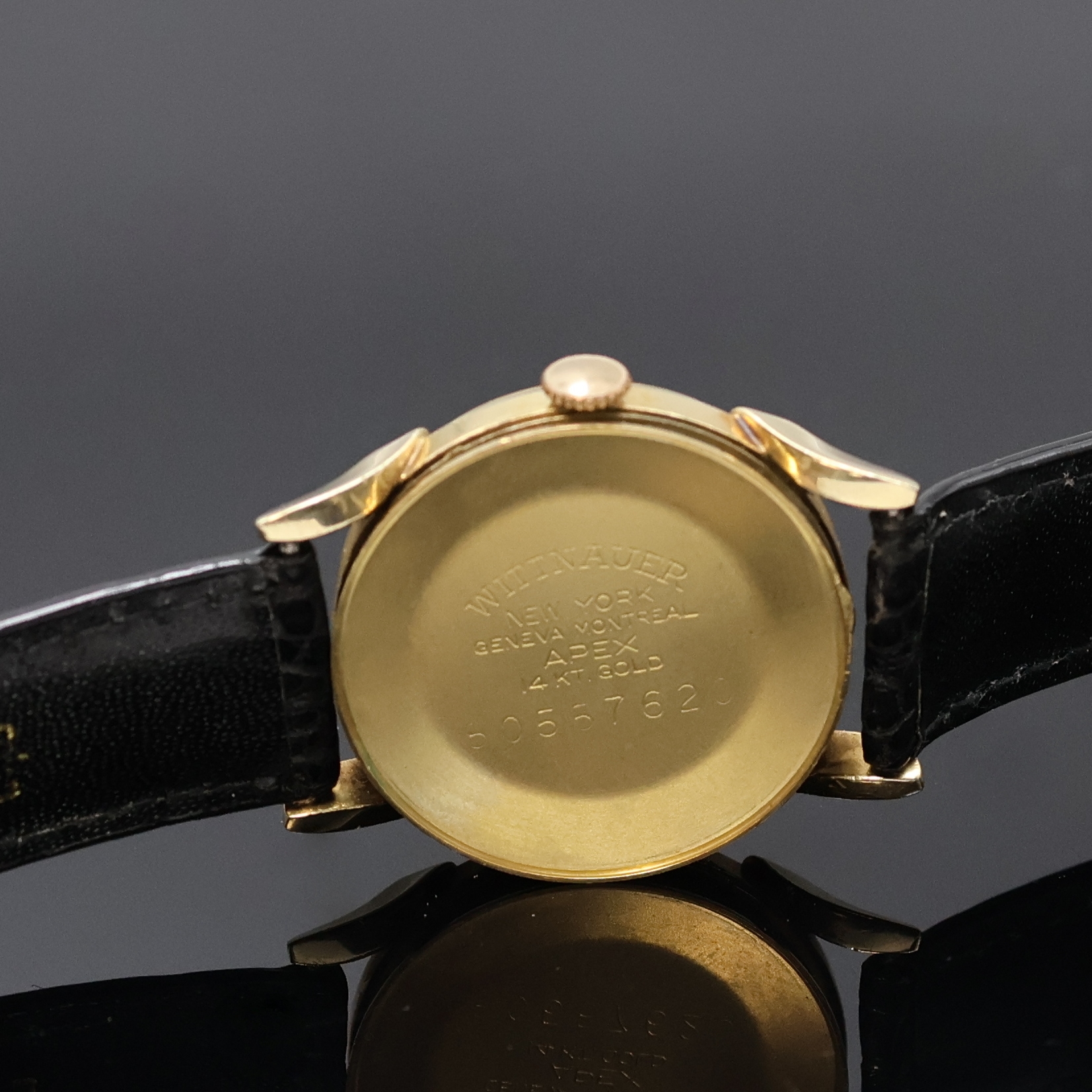 Detail e: WITTNAUER / REVUE ausgefallene Armbanduhr in GG 585/000, USA/Schweiz um 1950, Handaufzug, 2-teil. gedr. Gehäuse mit betonten Bandanstößen, vers. ...