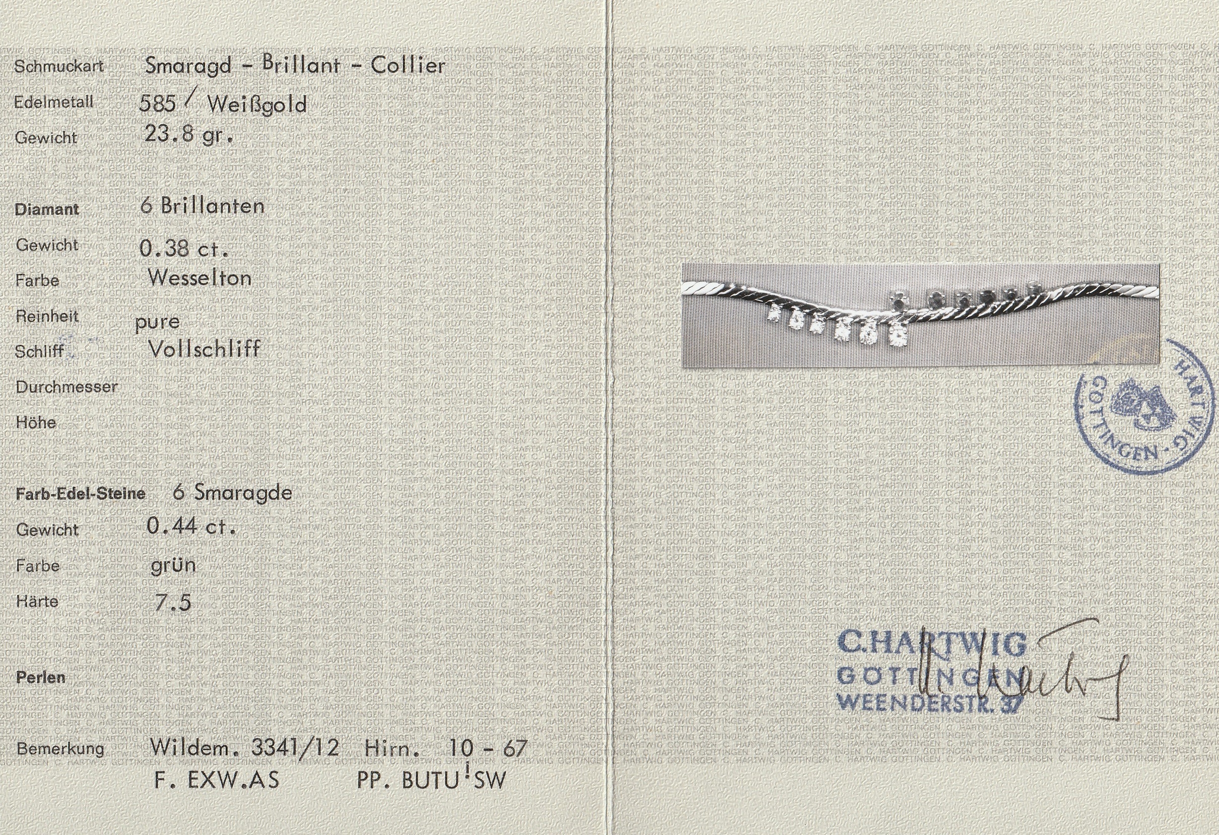 Detail a: 14 kt Gold Smaragd-Brillant-Collier, WG 585/000, 6 rundfacett. Smaragde zus. ca. 0.44 ct, 6 Brillanten zus. ca. 0.38 ct Weiß/si, L. ca. 43 cm, ...