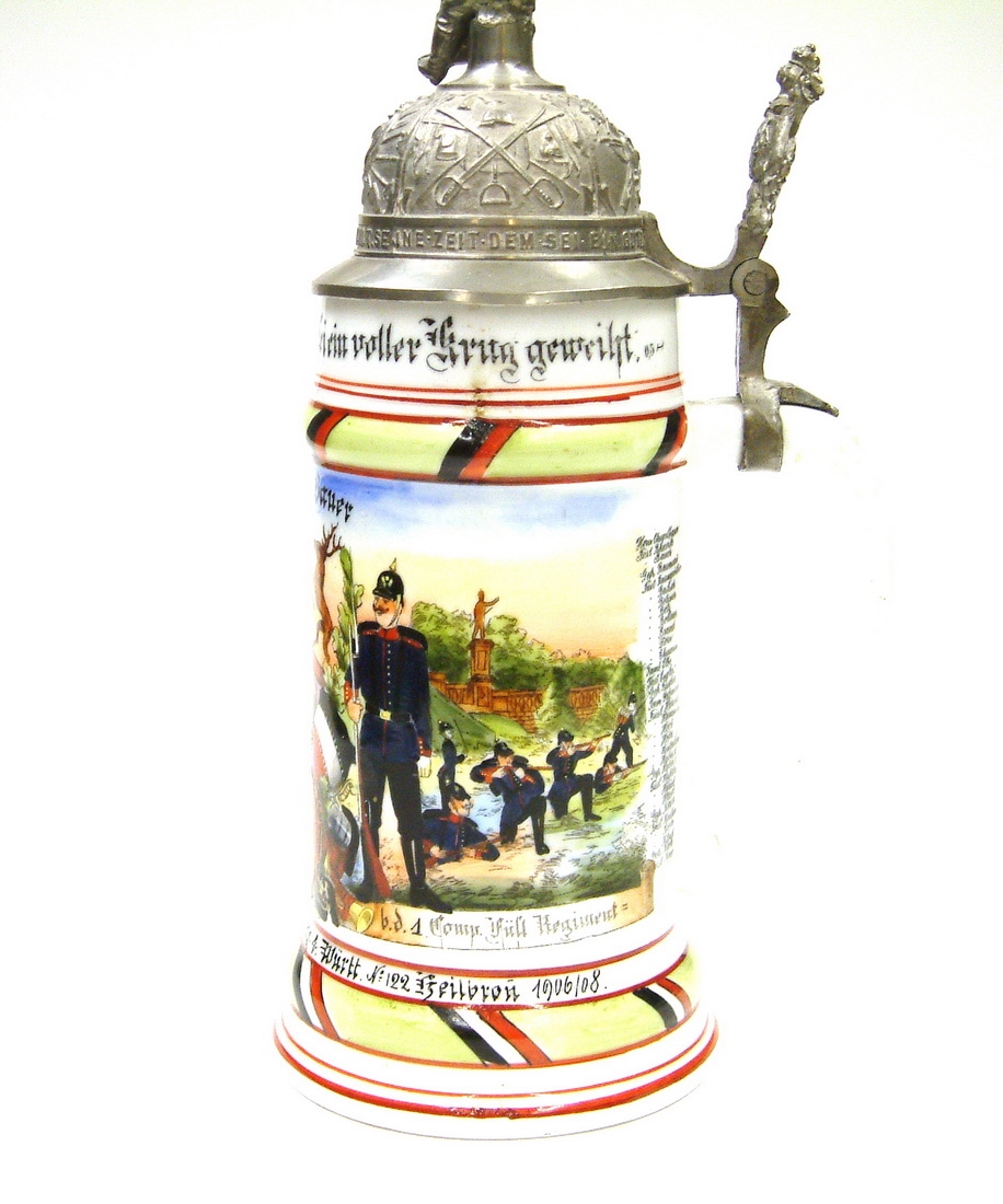 Detail f: Reservistenkrug, 4. Württ. Inf. Rgt. 122, 1. Comp. Füsl., Heilbronn 1906-08, (ehem. Moltke Kaserne), Res. Bauer (Provenienz Herrentierbach / ...