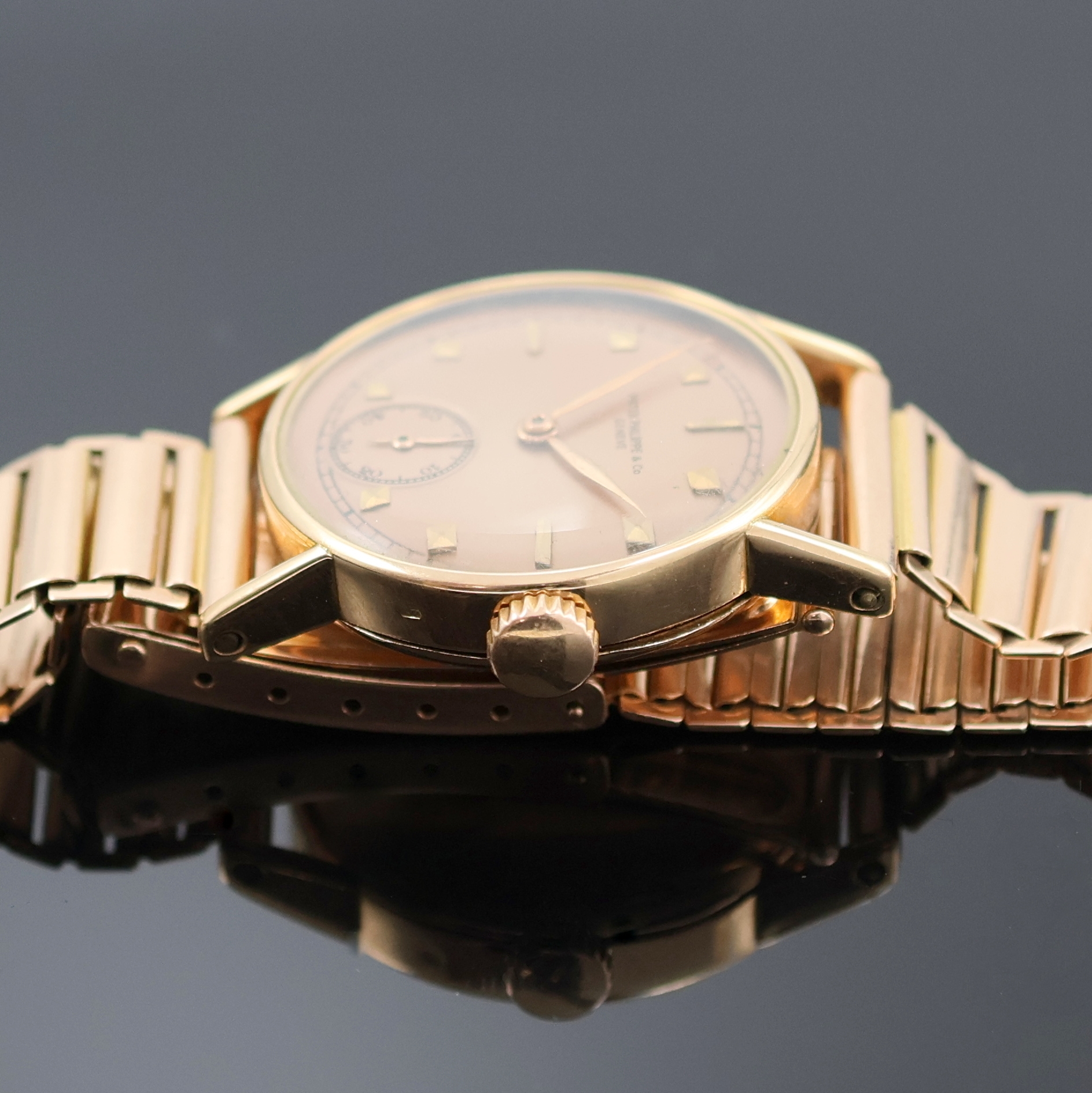 Detail c: PATEK PHILIPPE seltene Armbanduhr in RG 750/000 an RG 585/000 Gay Freres Band, Schweiz um 1937, 2-teil. Geh., Boden aufgedr., kupferfarb. Zifferblatt ...