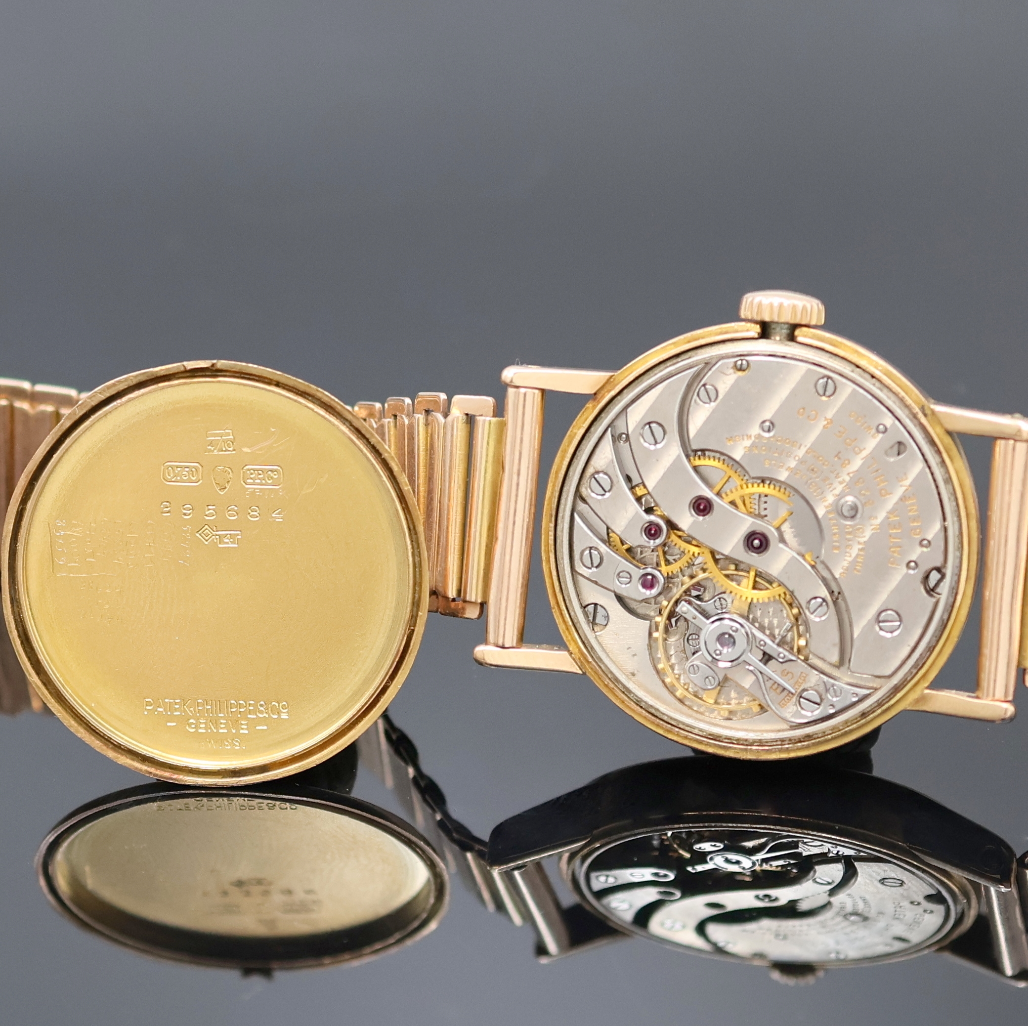 Detail e: PATEK PHILIPPE seltene Armbanduhr in RG 750/000 an RG 585/000 Gay Freres Band, Schweiz um 1937, 2-teil. Geh., Boden aufgedr., kupferfarb. Zifferblatt ...