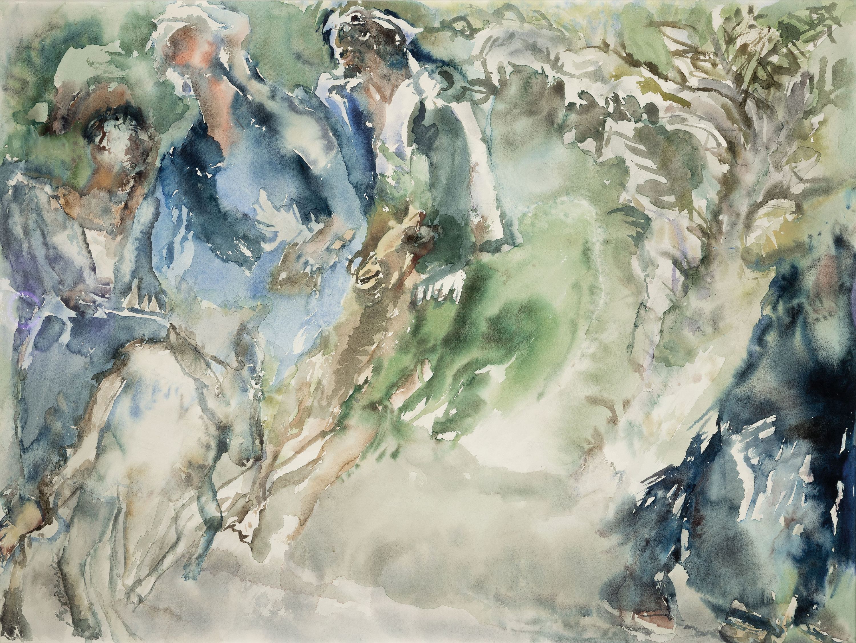 Pierre Kröger, 1938-2022 Darmstadt, Aquarell, o.T., Figurengruppe, links unten signiert und datiert 1985, unter Glas gerahmt 81x105 cm