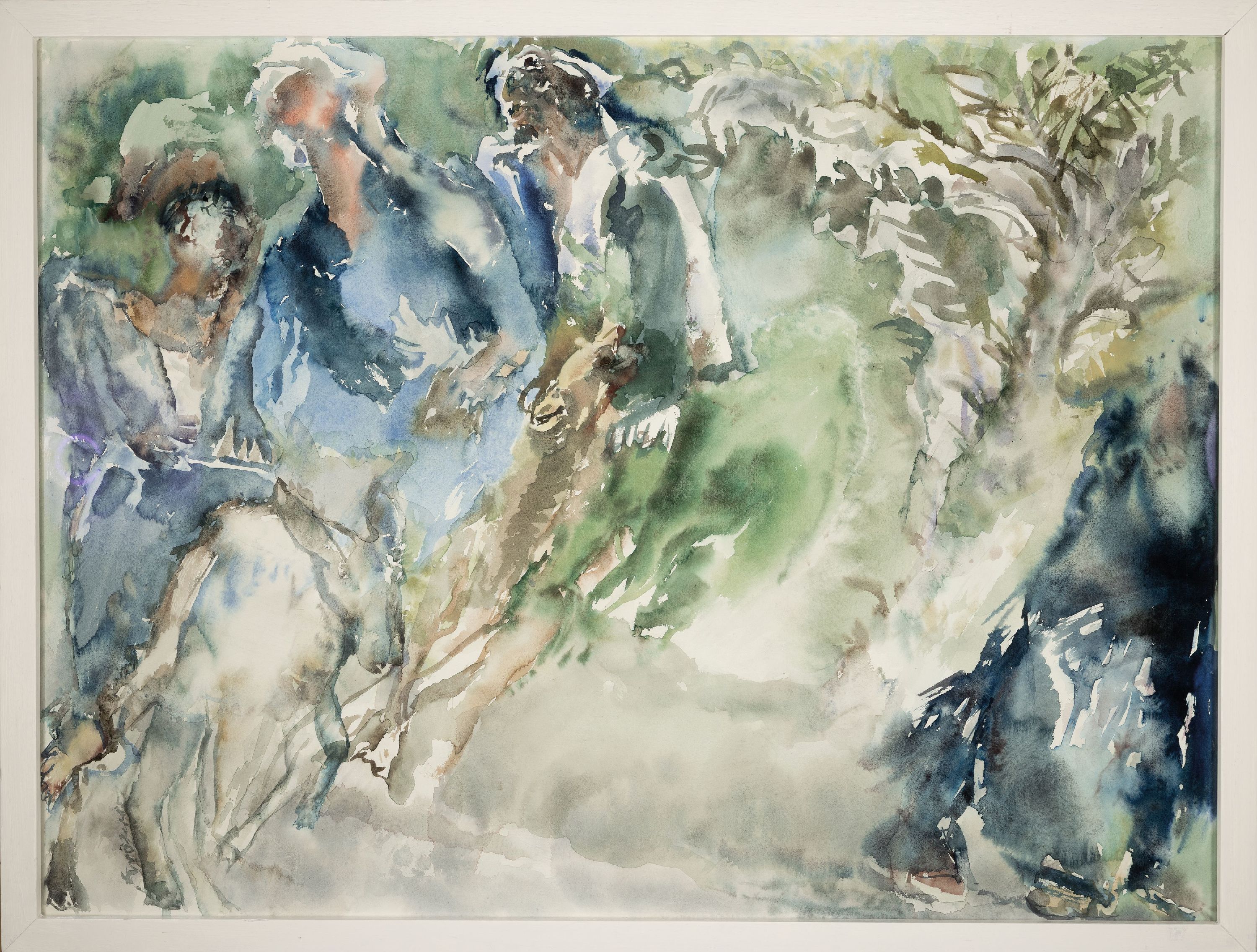 Detail k: Pierre Kröger, 1938-2022 Darmstadt, Aquarell, o.T., Figurengruppe, links unten signiert und datiert 1985, unter Glas gerahmt 81x105 cm