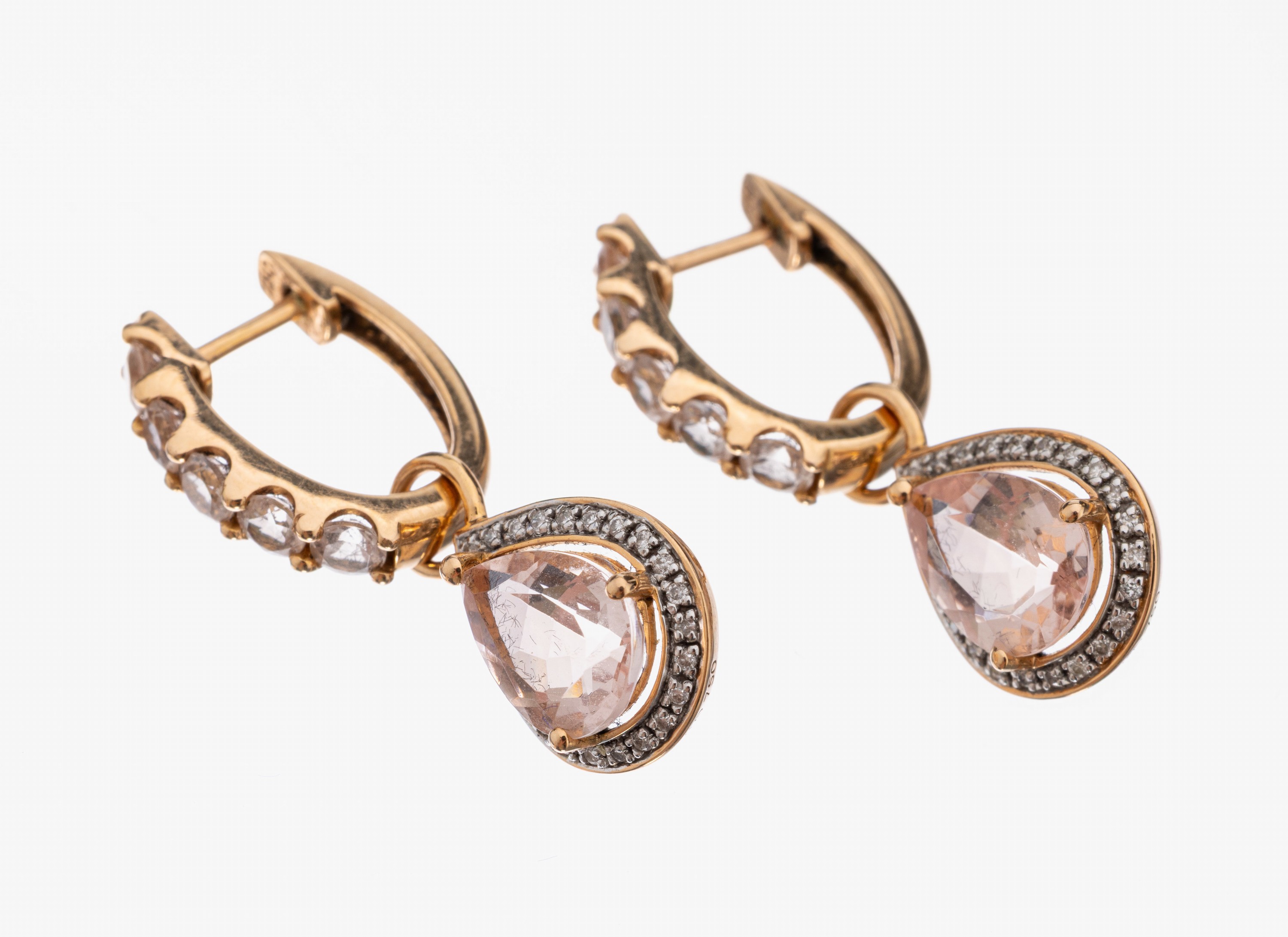 Paar 18 kt Gold Farbstein-Brillant-Ohrcreolen, RG 750/000, 10 rundfacett. weiße Saphire zus. ca. 1.0 ct, bewegl. Abhängung bes. mit 2 tropfenförm. ...