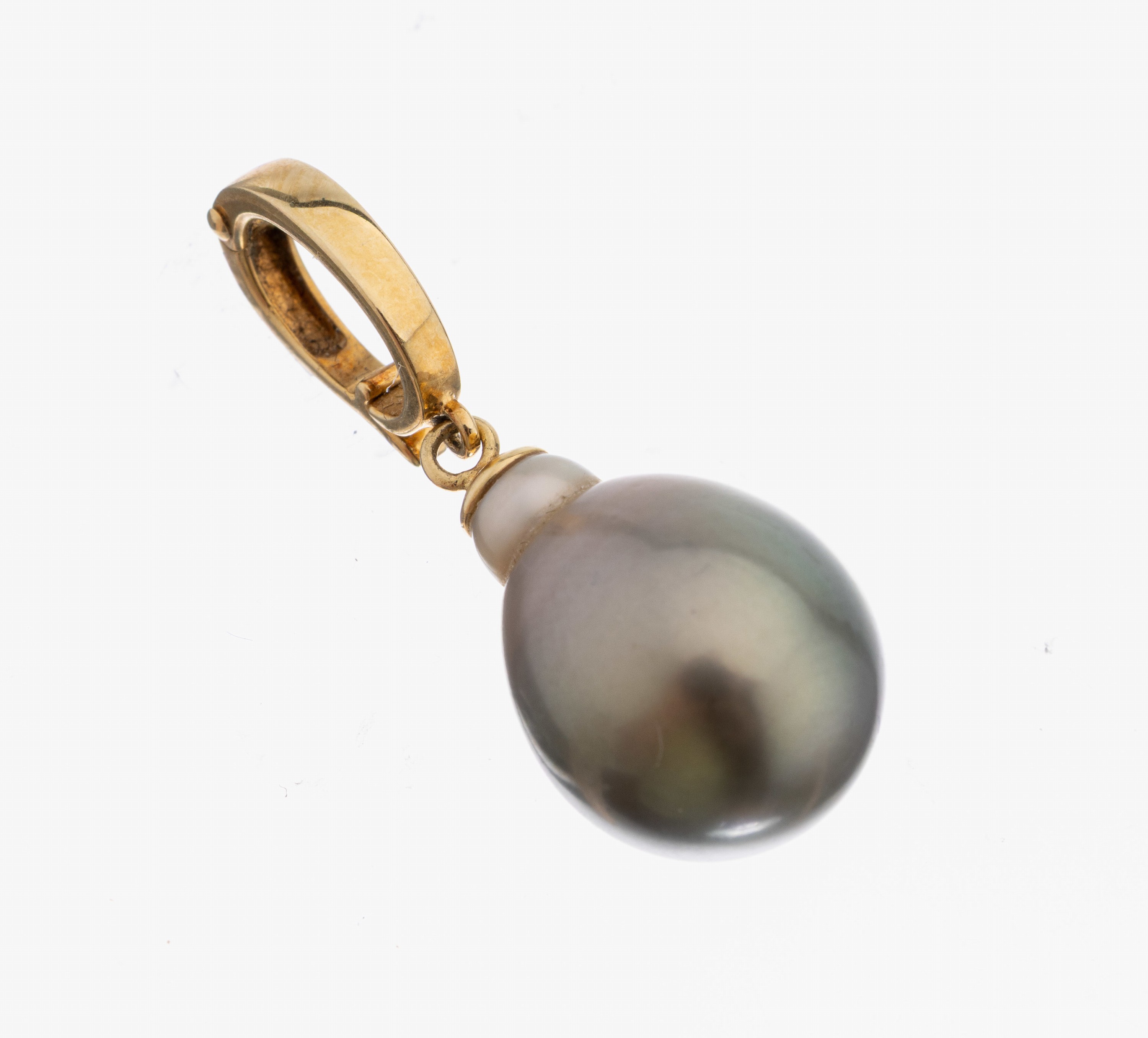 14 kt Gold Zuchtperl-Clipanhänger, GG 585/000, graue l. tropfenförm. Tahitizuchtperle D. ca. 12.9 mm, ca. 3.9 g, L.ca. 3.1 cm