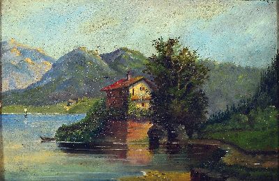 Image Unbekannter Künstler, Mitte 19. Jh., Haus am See im Gebirge, Öl/Kupferblech, ...