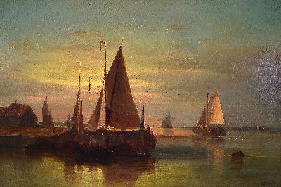 Image 26949005 - Abraham Hulk jun., 1851-1922, Segelboote bei Sonnenaufgang auf ruhiger See, Öl/Lwd, ...