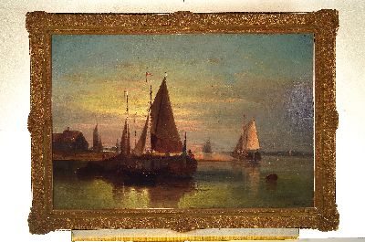 26949005k - Abraham Hulk jun., 1851-1922, Segelboote bei Sonnenaufgang auf ruhiger See, Öl/Lwd, ...