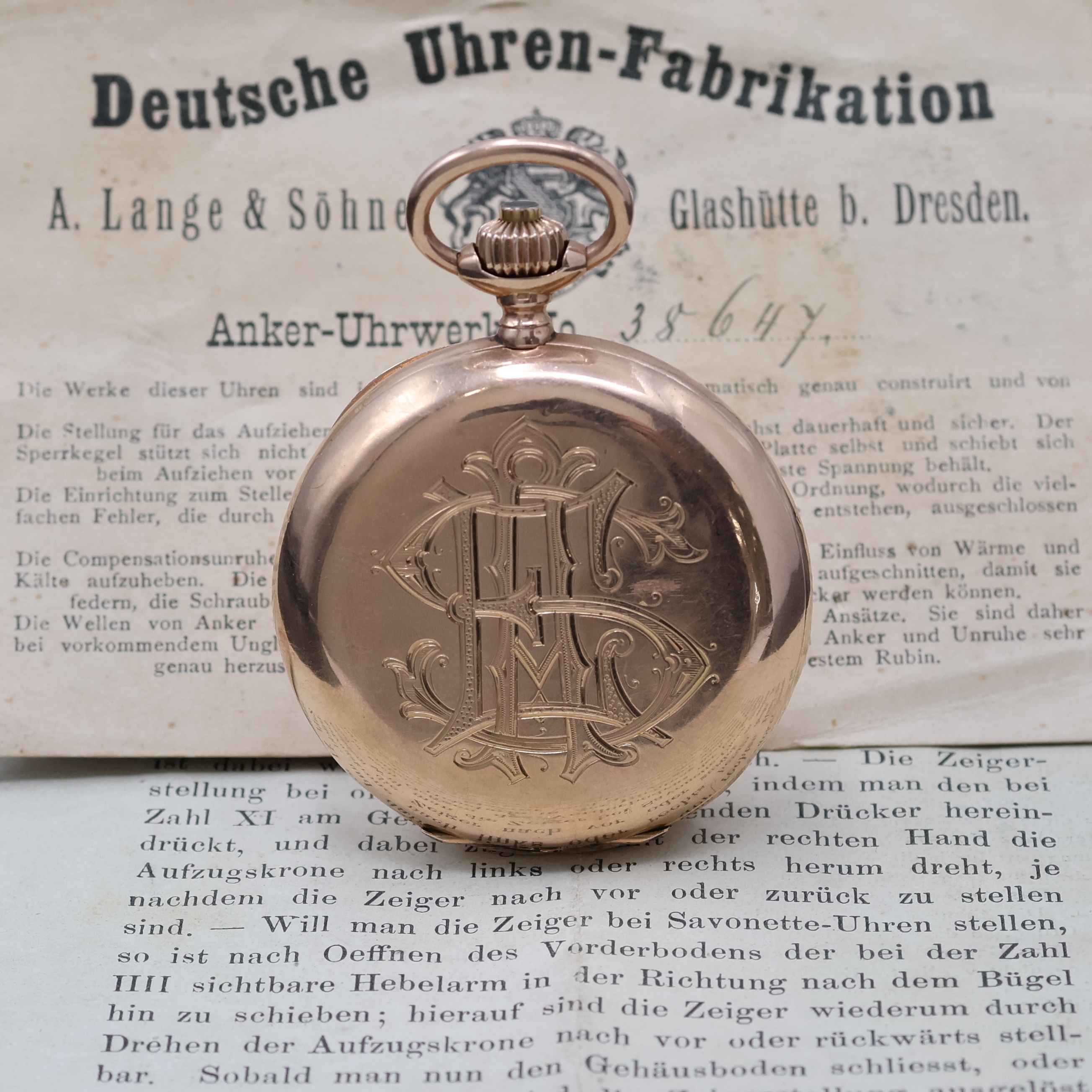 Detail a: A. LANGE & SÖHNE / DUF Herrensavonette in RG 585/000 mit original Etui und Papieren, Deutschland um 1898, glattes Lucia 3-Deckel Goldgeh. dell., ...