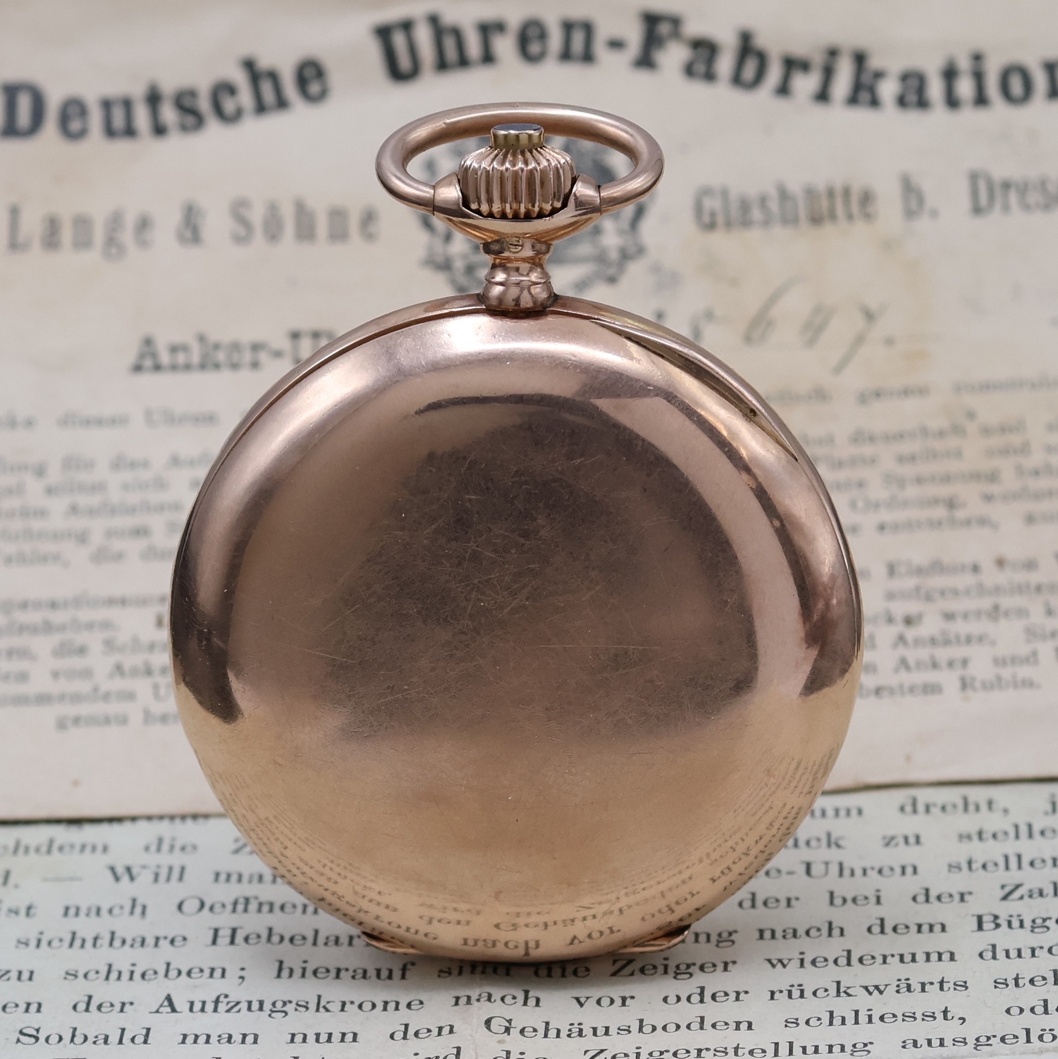 Detail b: A. LANGE & SÖHNE / DUF Herrensavonette in RG 585/000 mit original Etui und Papieren, Deutschland um 1898, glattes Lucia 3-Deckel Goldgeh. dell., ...