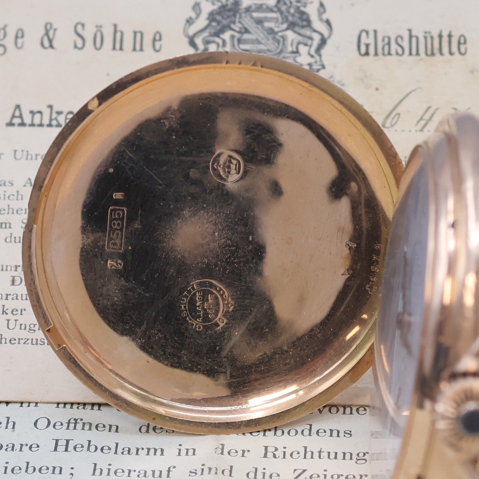 Detail c: A. LANGE & SÖHNE / DUF Herrensavonette in RG 585/000 mit original Etui und Papieren, Deutschland um 1898, glattes Lucia 3-Deckel Goldgeh. dell., ...