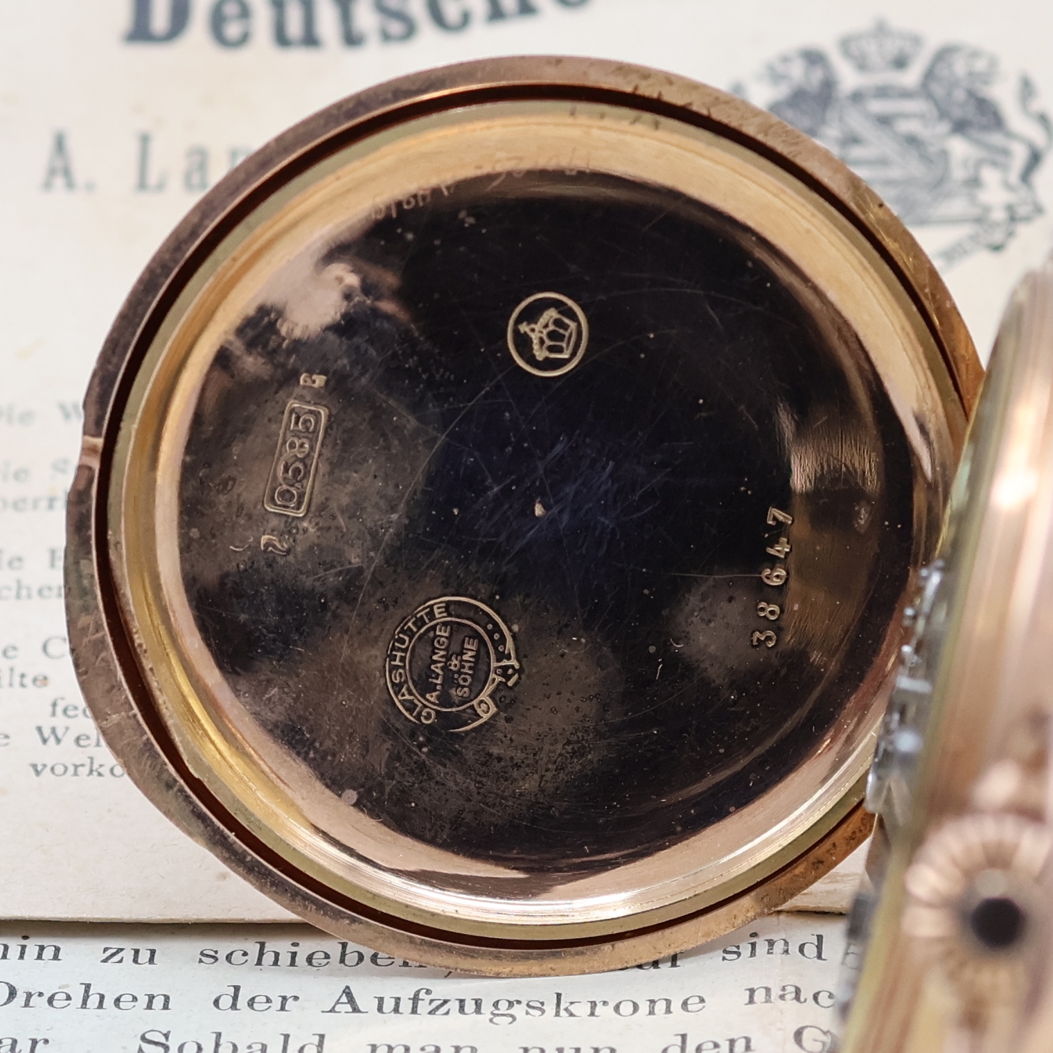 Detail f: A. LANGE & SÖHNE / DUF Herrensavonette in RG 585/000 mit original Etui und Papieren, Deutschland um 1898, glattes Lucia 3-Deckel Goldgeh. dell., ...