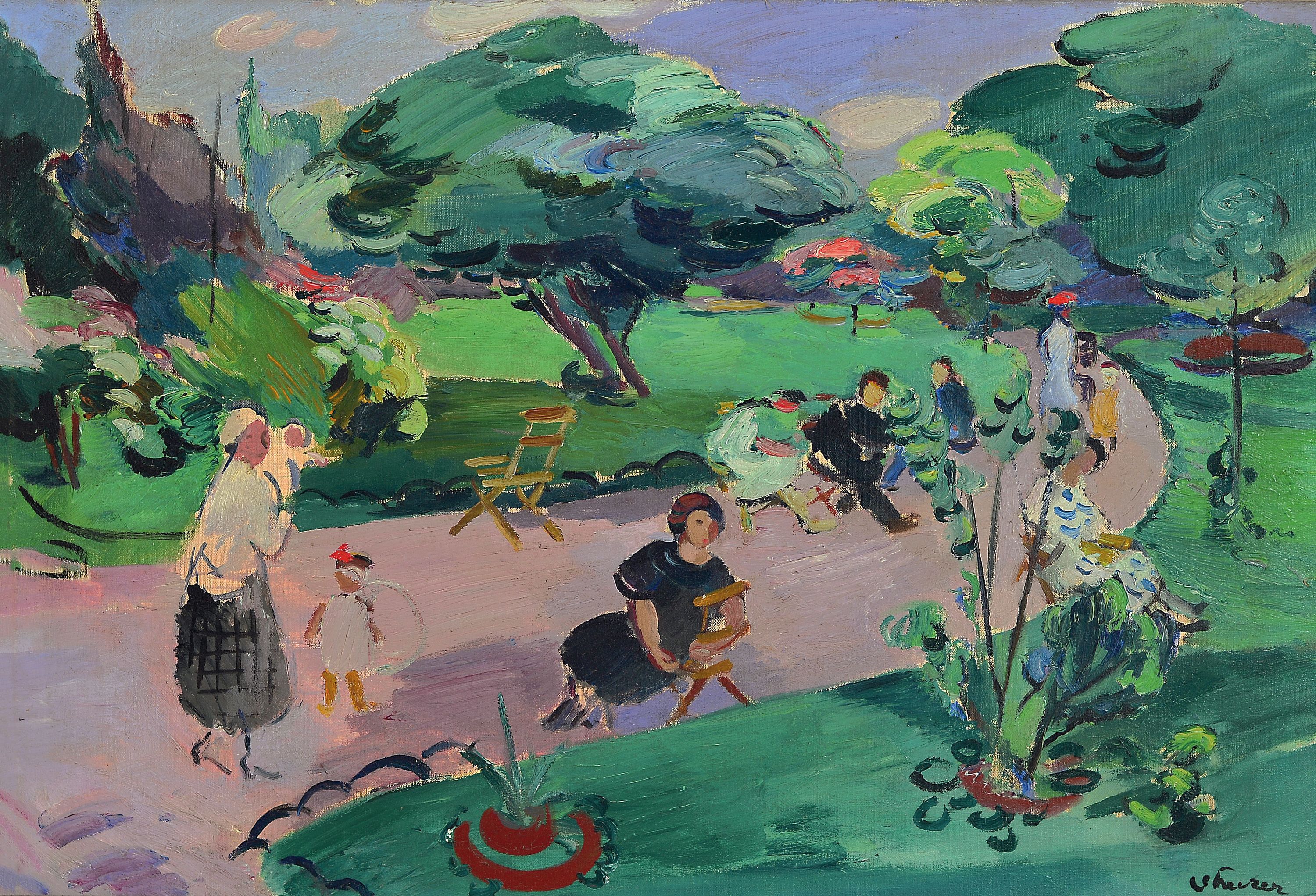 Paul Strecker, 1898-1950 Mainz, Parklandschaft mit vielen Personen, Öl/Lwd., re. unten signiert, ca. 50 x 73cm, Rahmen um 1925, Rahmen 59 x 82 cm l. ...