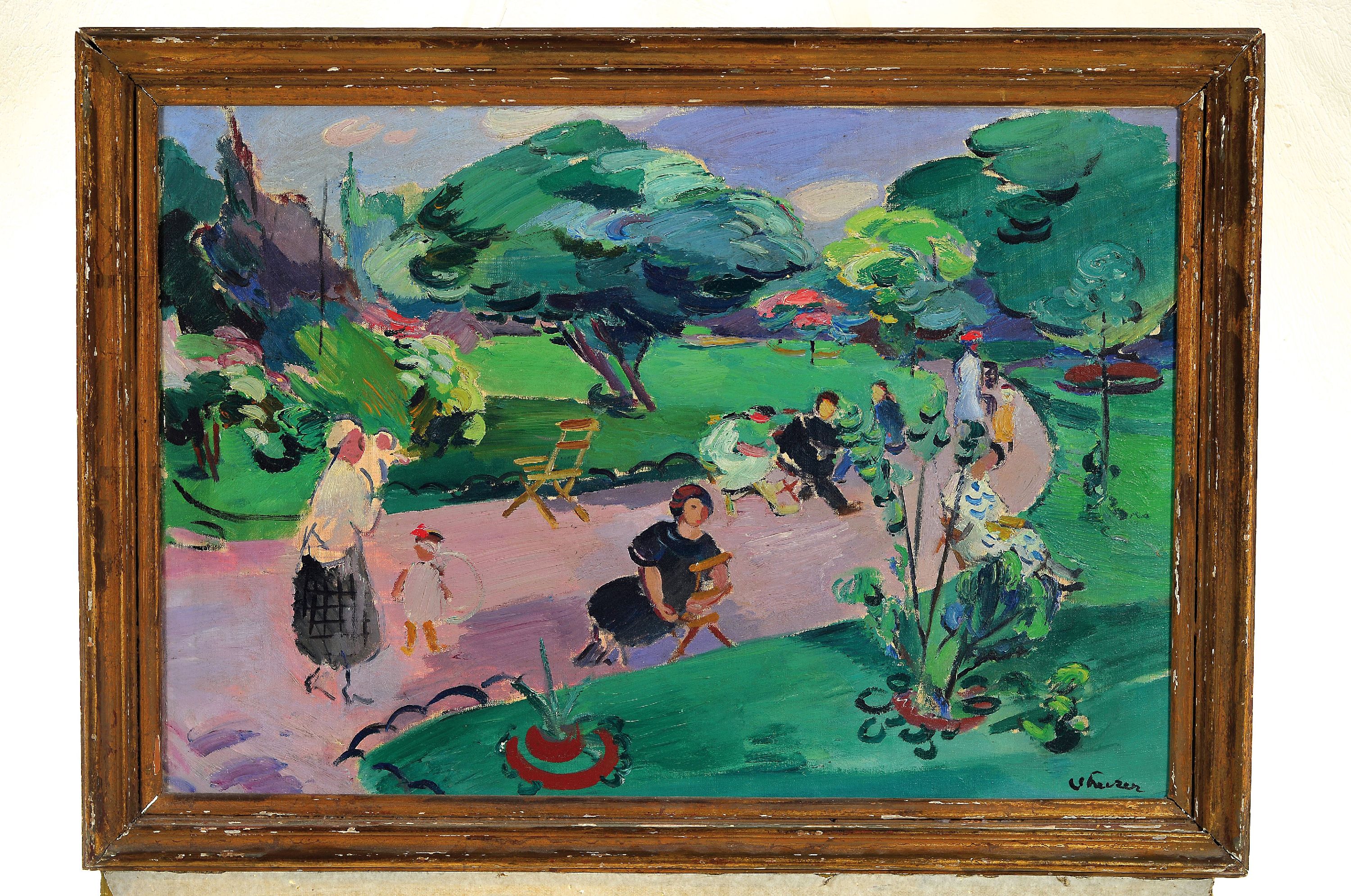 Detail k: Paul Strecker, 1898-1950 Mainz, Parklandschaft mit vielen Personen, Öl/Lwd., re. unten signiert, ca. 50 x 73cm, Rahmen um 1925, Rahmen 59 x 82 cm l. ...