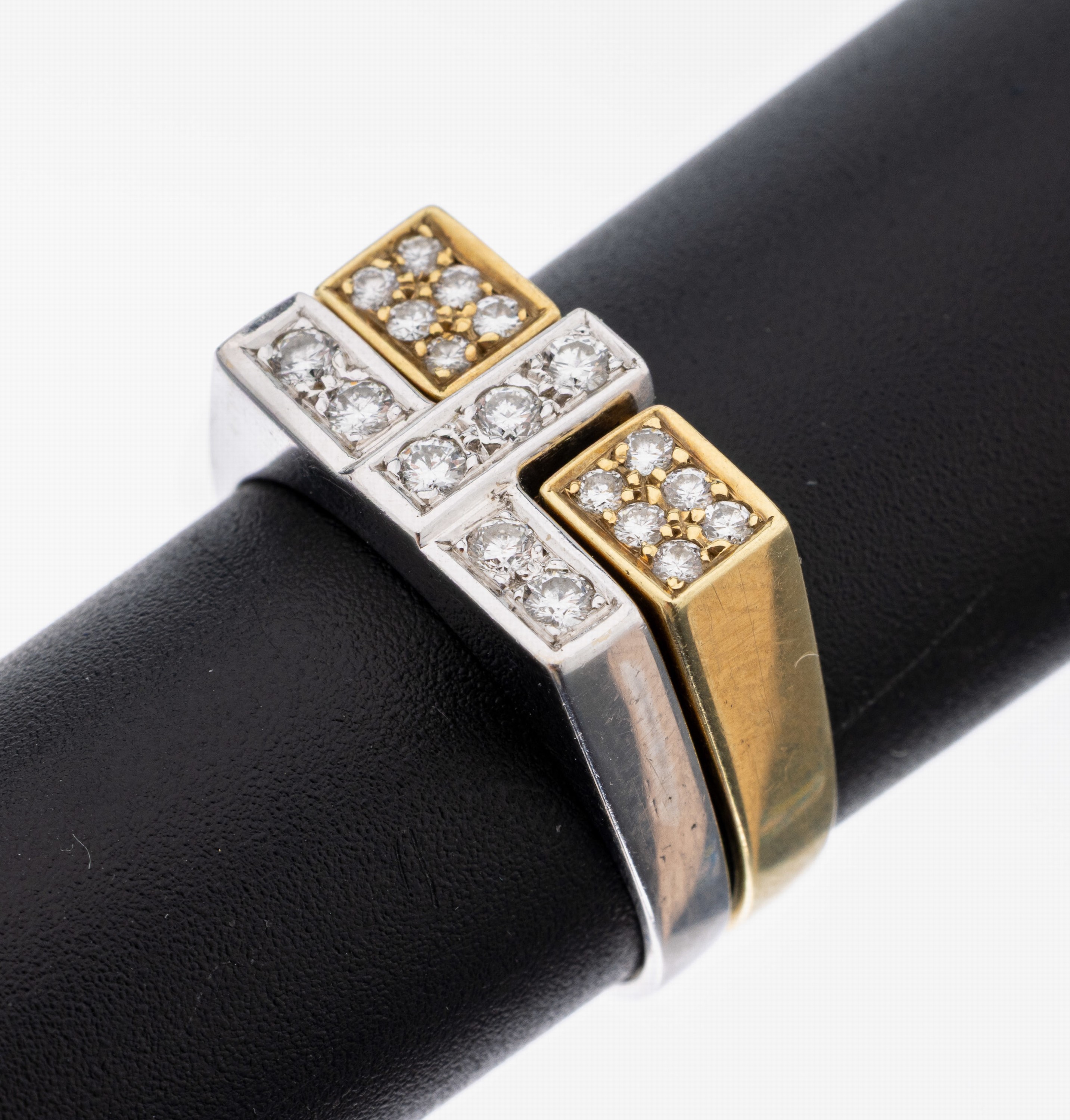 14 kt Gold Brillant-Ring Duo, GG/WG 585/000, bes. mit insges. 19 Brillanten zus. ca. 0.26 ct Weiß/si, RW 56, ca. 6.6 g