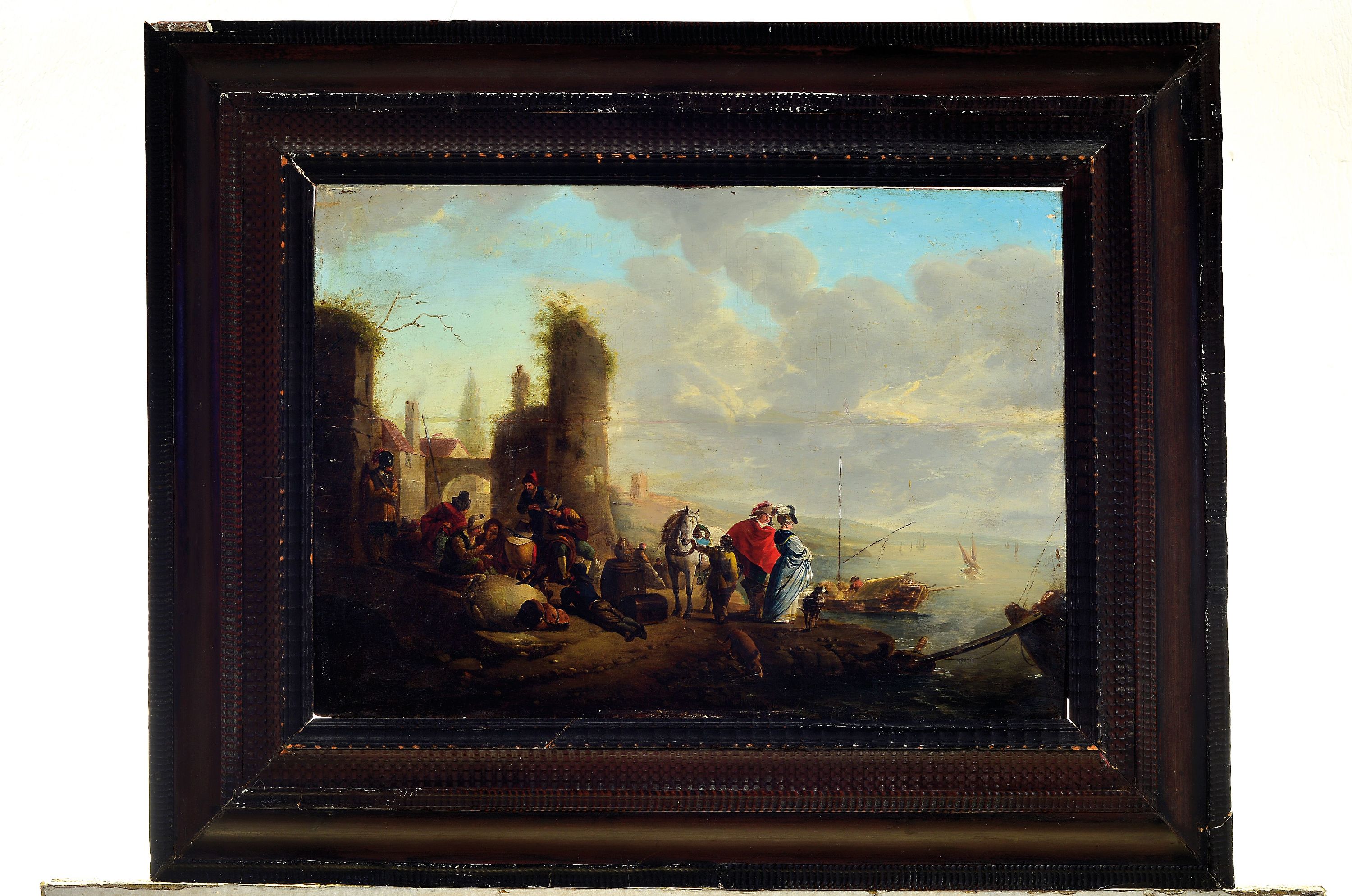 Detail k: Nachfolge Philips Wouverman (1619-1668), Küstenlandschaft mit lagernden Landsknechten und herrschaftliches Paar, ruinenhaft -arkadische Landschaft, ...