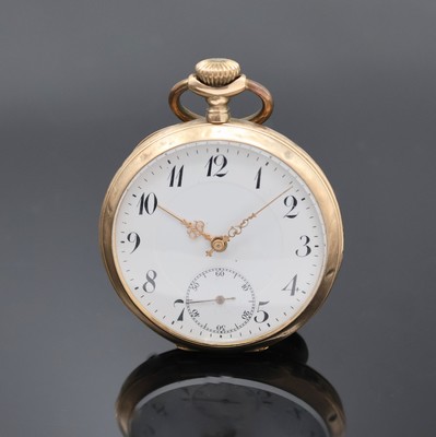 Image Offene Herrentaschenuhr in RG 585/000, Schweiz um 1910, guill. Geh. dell., verg. Cuv., ...