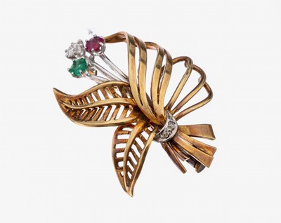 Image 26949126 - 14 kt Gold Brillant-Rubin-Smaragd-Brosche, GG/WG 585/000, abstrakt floral, 1 Brillant ...