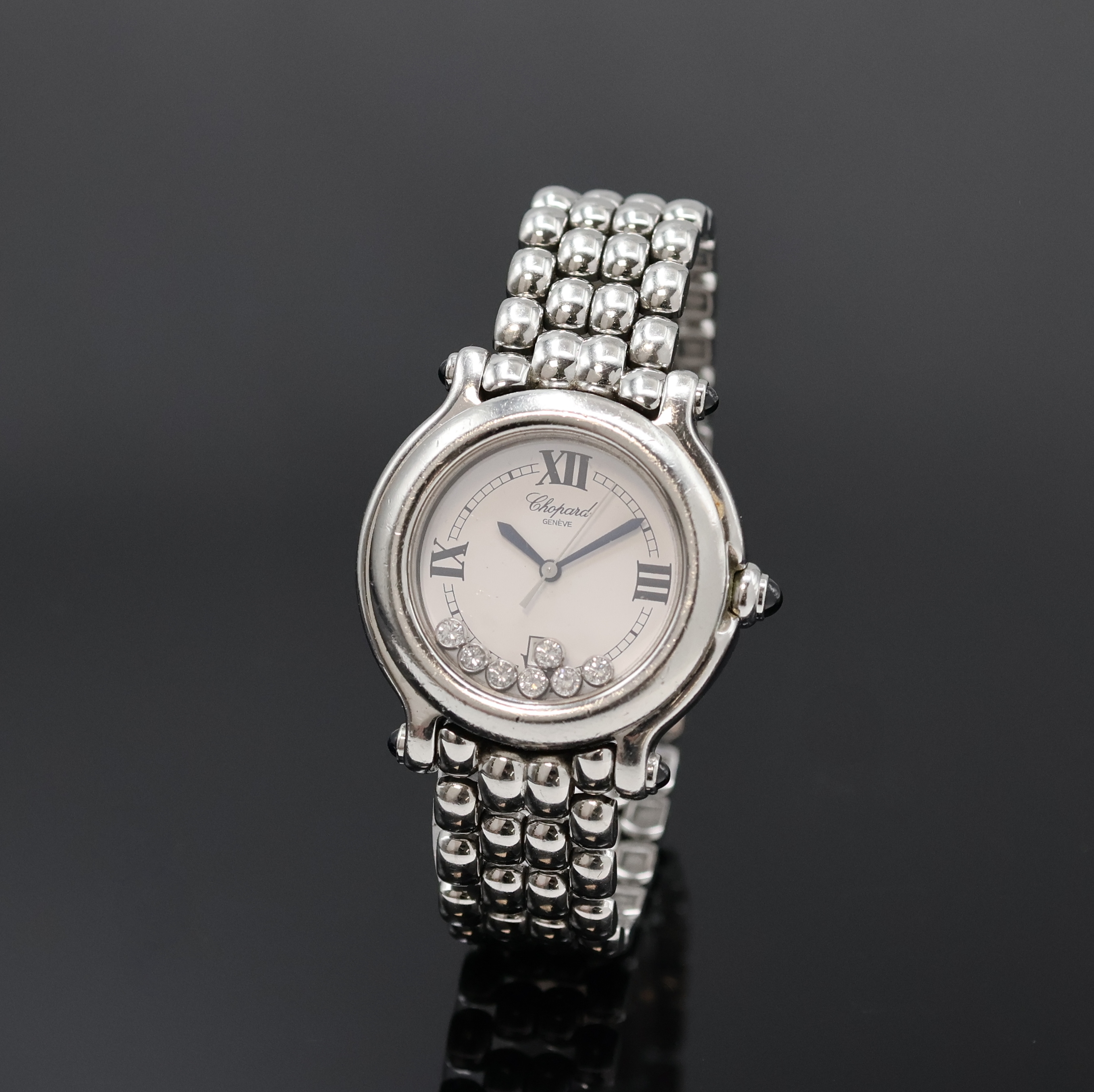 CHOPARD Happy Sport Armbanduhr Referenz 8236, Schweiz um 2000, quarz, Edelstahlgeh. inkl. orig. Gliederband m. dopp. Faltschl., Krone sowie ...