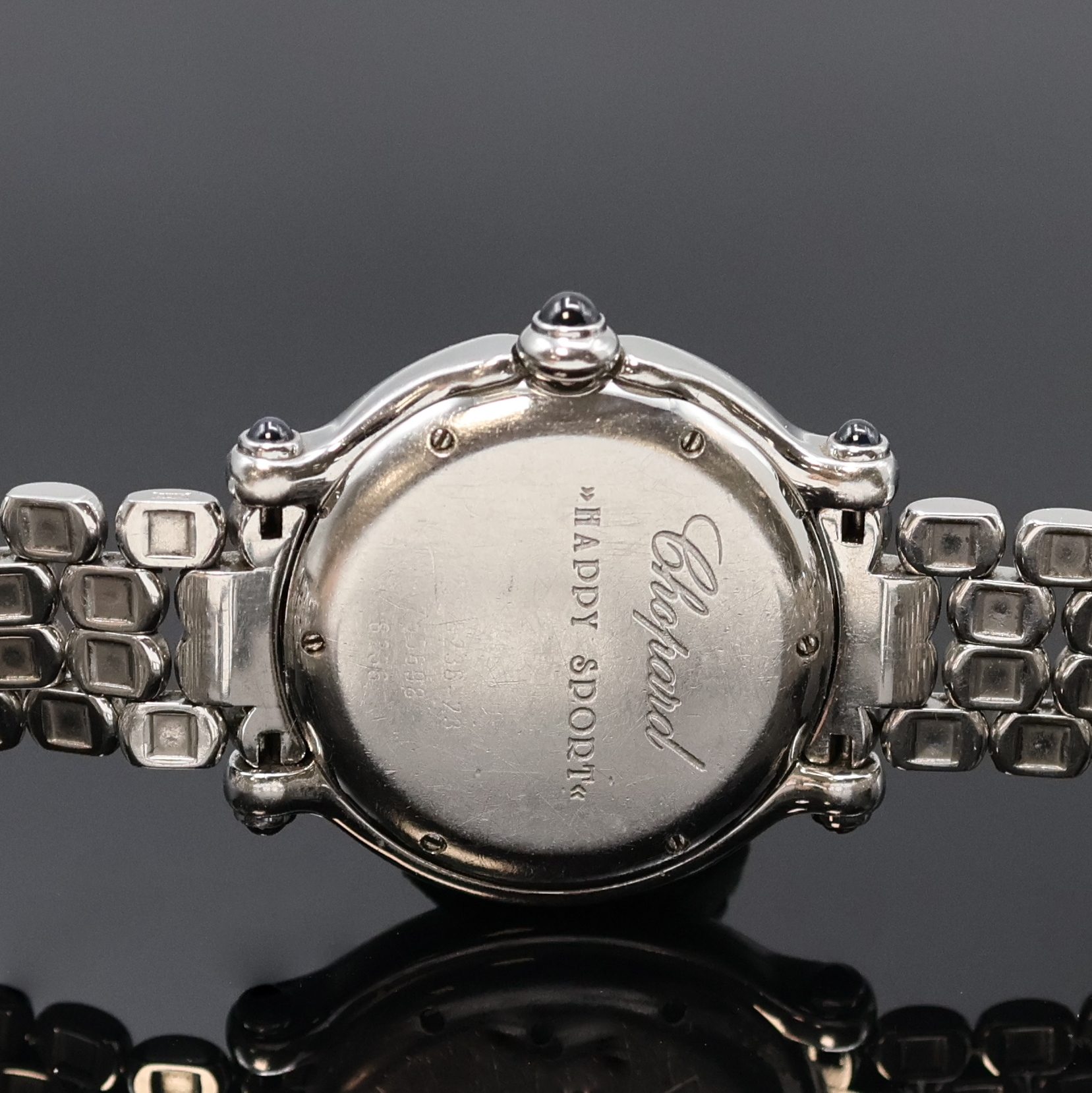 Detail d: CHOPARD Happy Sport Armbanduhr Referenz 8236, Schweiz um 2000, quarz, Edelstahlgeh. inkl. orig. Gliederband m. dopp. Faltschl., Krone sowie ...