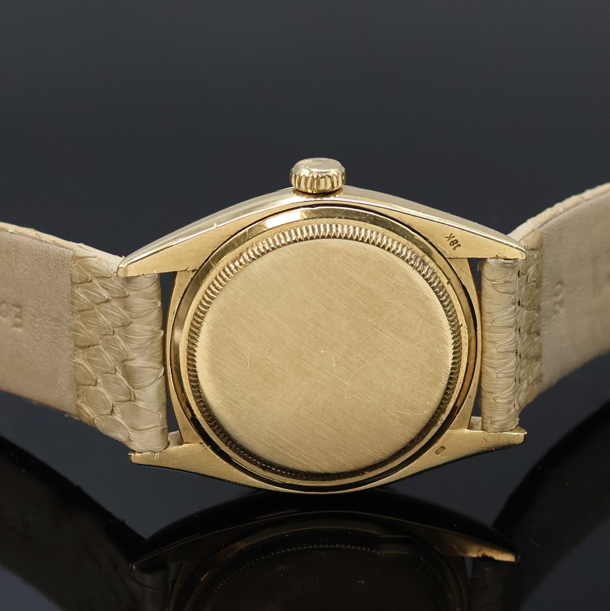 Detail c: ROLEX Oyster Perpetual Datejust Herrenarmbanduhr Referenz 6605, Schweiz um 1974, Automatik, Chronometer der Superlative in GG 750/000, Boden u. Krone ...