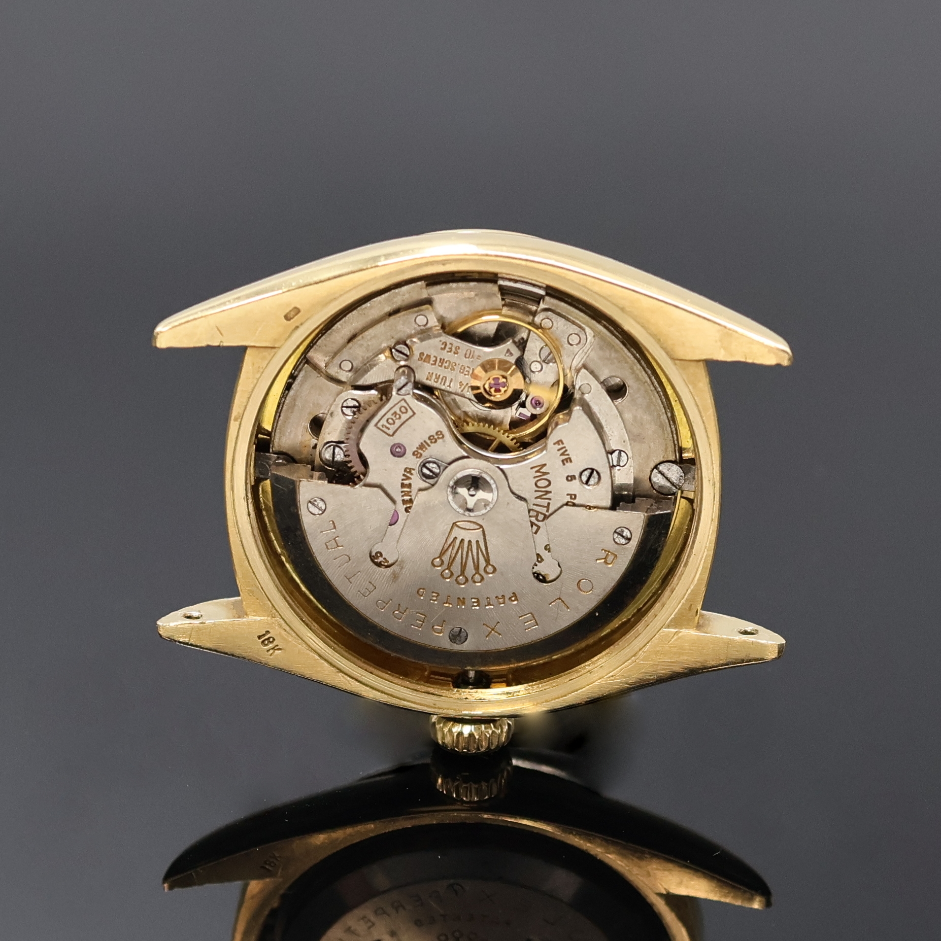 Detail e: ROLEX Oyster Perpetual Datejust Herrenarmbanduhr Referenz 6605, Schweiz um 1974, Automatik, Chronometer der Superlative in GG 750/000, Boden u. Krone ...