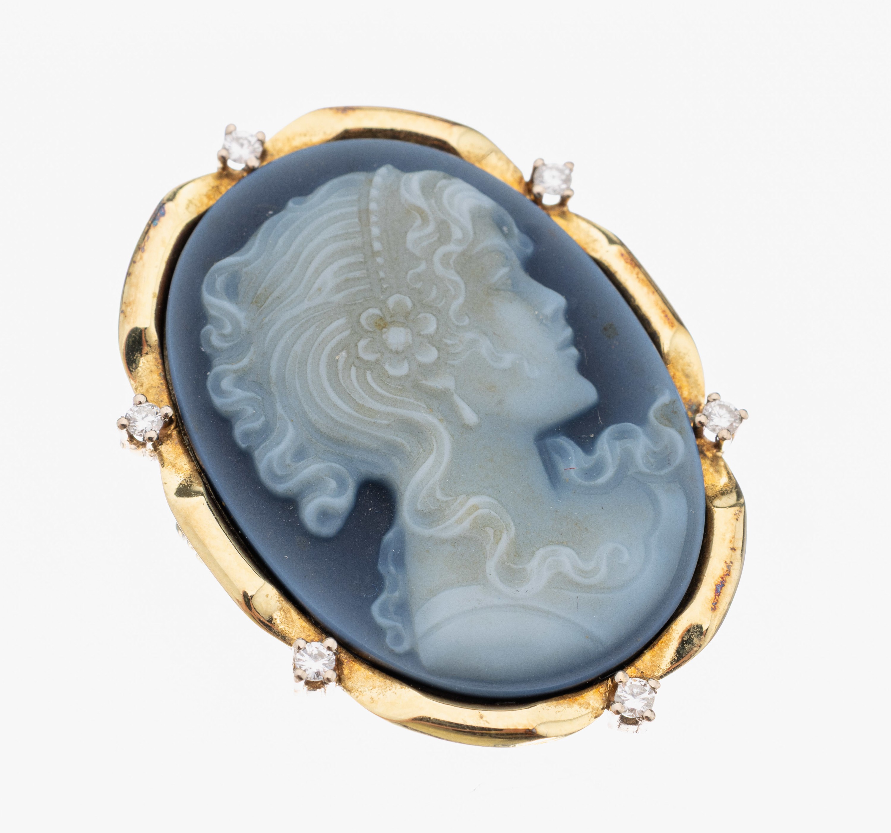 14 kt Gold Kamee-Brillant-Anhänger, GG 585/000, mittig ovale Lagenachat-Kamee, Darstellung einer jungen Dame im Profil, schlichte Rahmung mit 6 ...