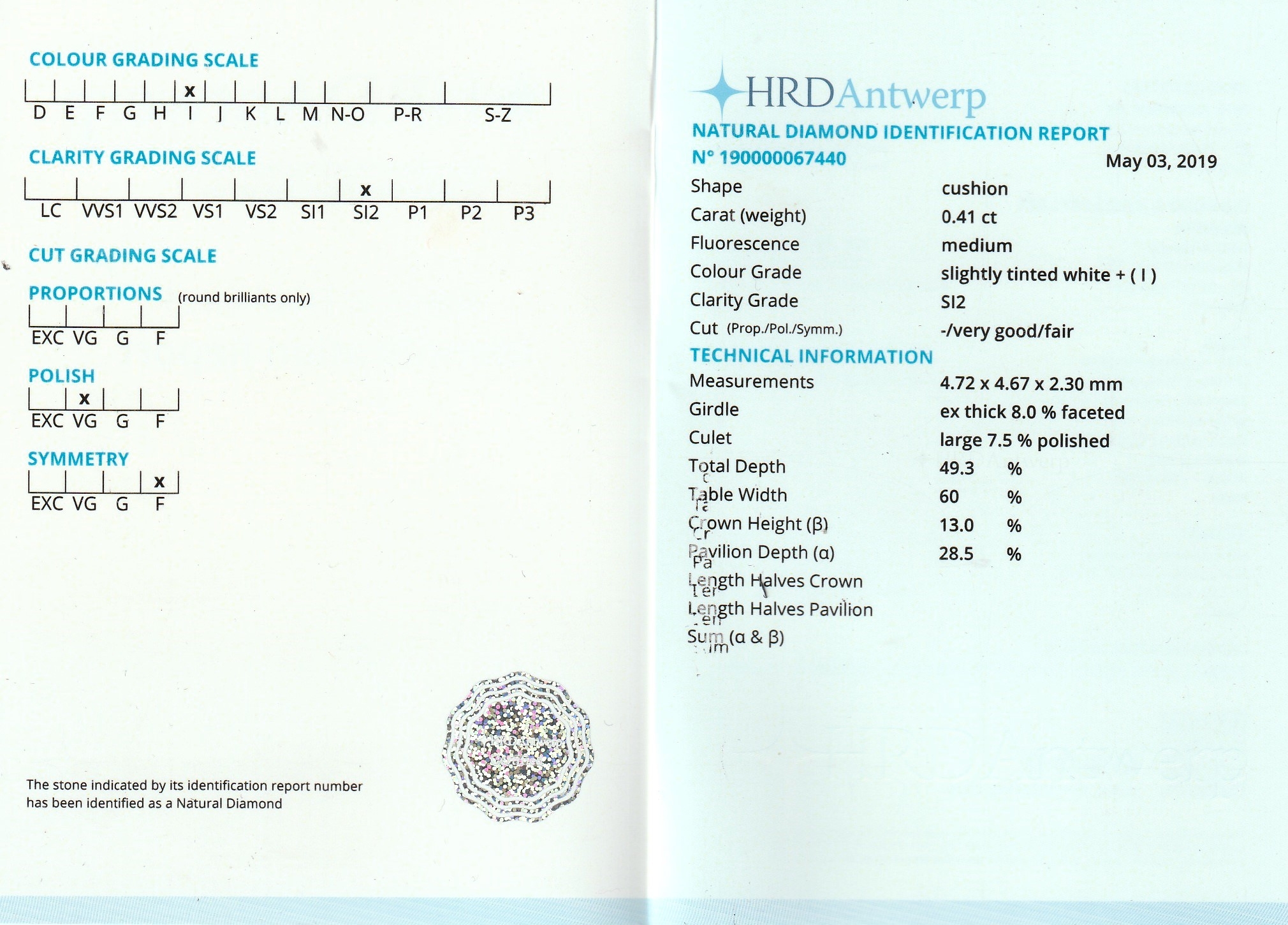 Detail c: Loser Diamant 0.41 ct, l. get. Weiß (I)/si 2, im Kissenschliff, 4.72 x 4.67 x 2.30 mm, HRD- Report 03/2019