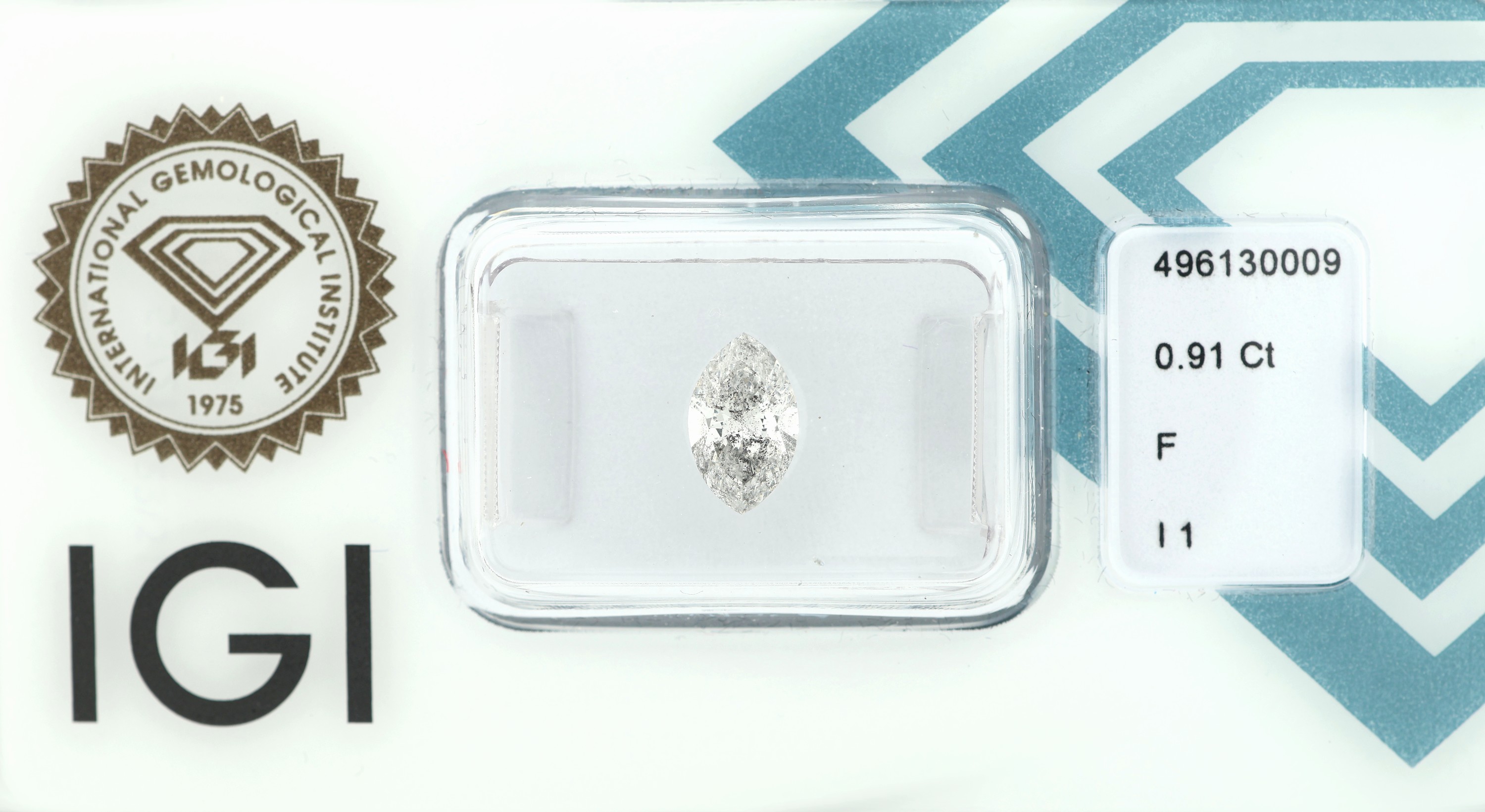 Loser Diamant 0.91 ct, feines Weiß (F)/p1, Navette, eingeschweißt, IGI-Report 10/2021