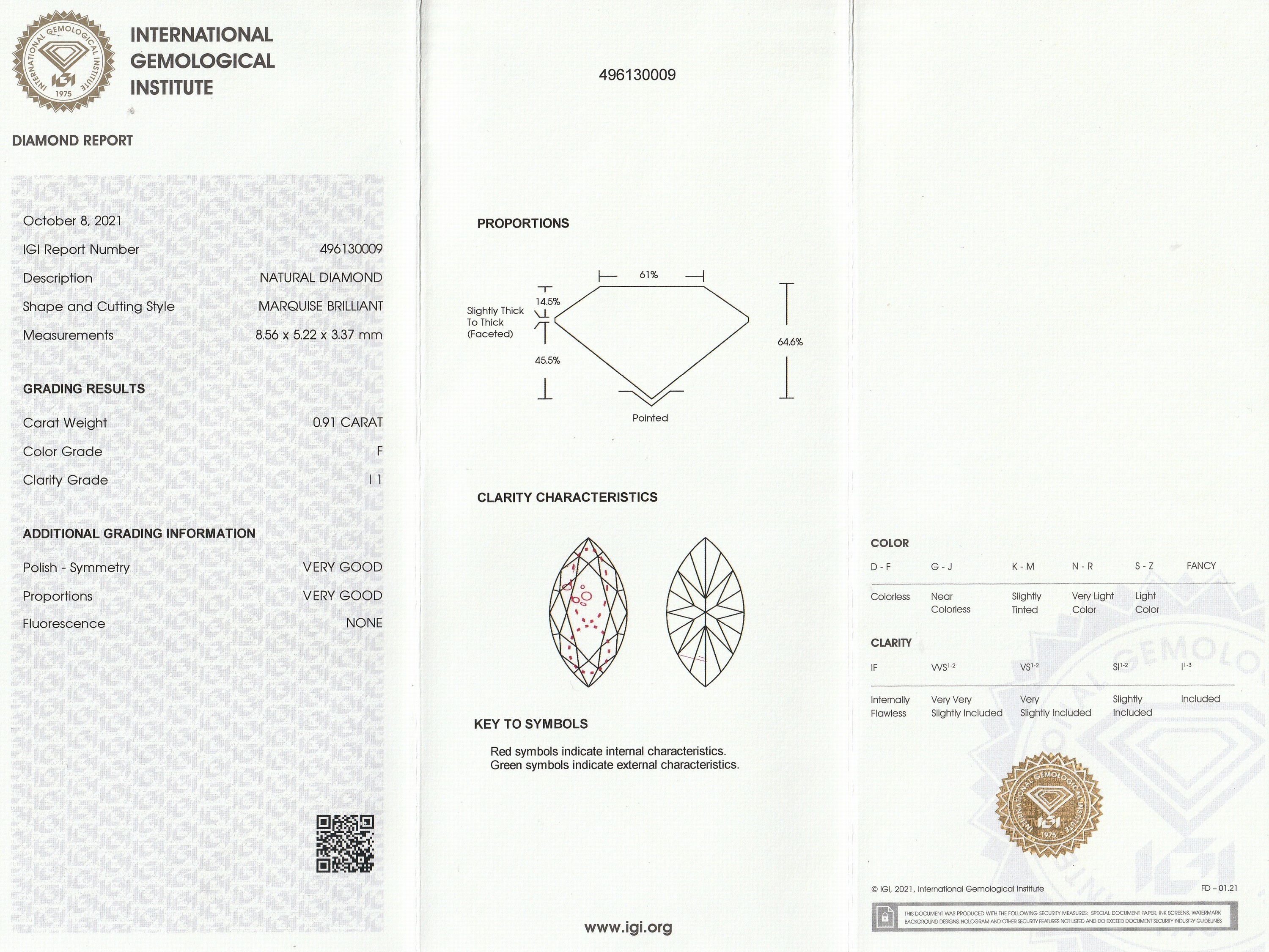 Detail a: Loser Diamant 0.91 ct, feines Weiß (F)/p1, Navette, eingeschweißt, IGI-Report 10/2021