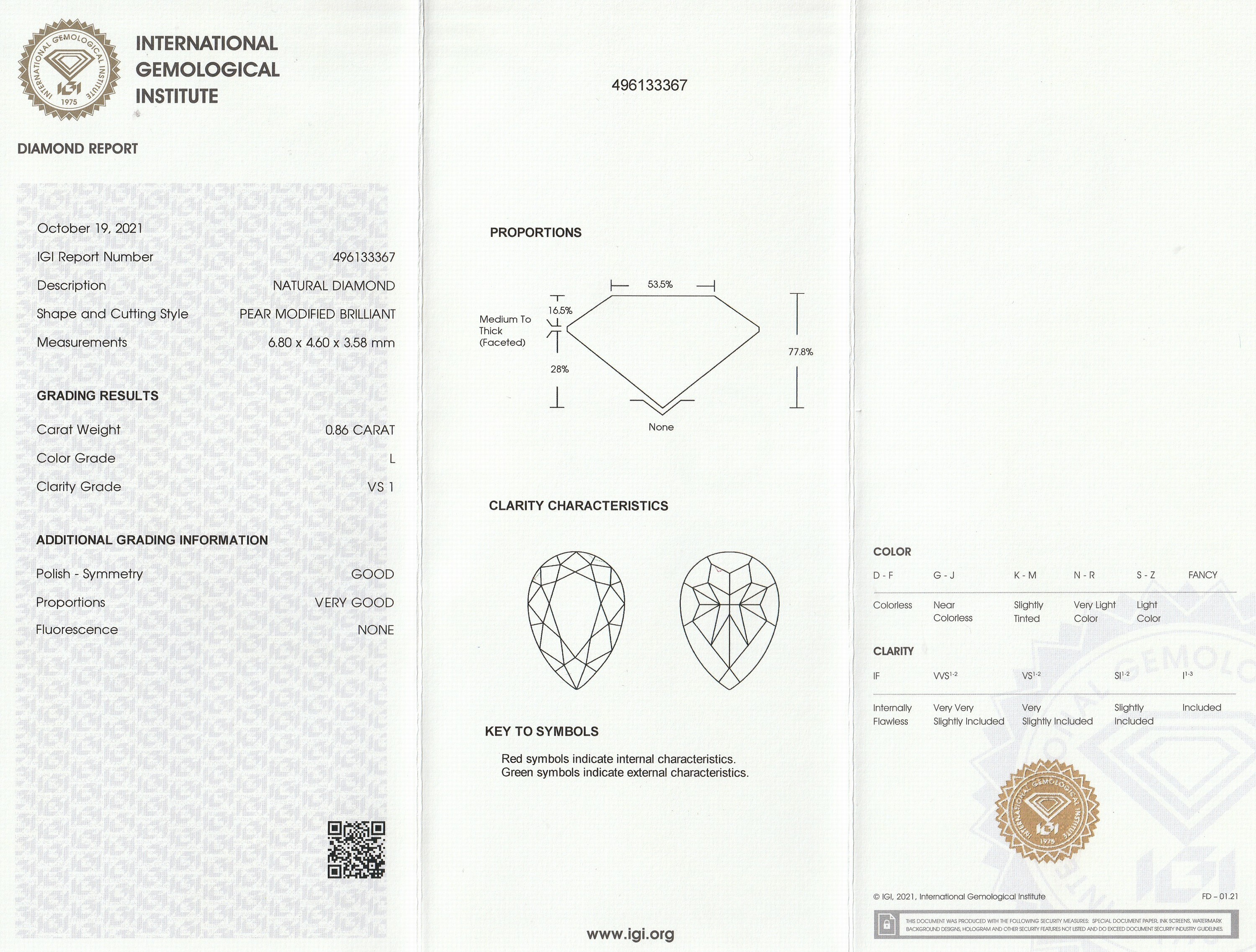 Detail a: Loser Diamant 0.86 ct, get. Weiß (L)/vs 1, eingeschweißt, facett. Tropfen, IGI-Report 10/2021