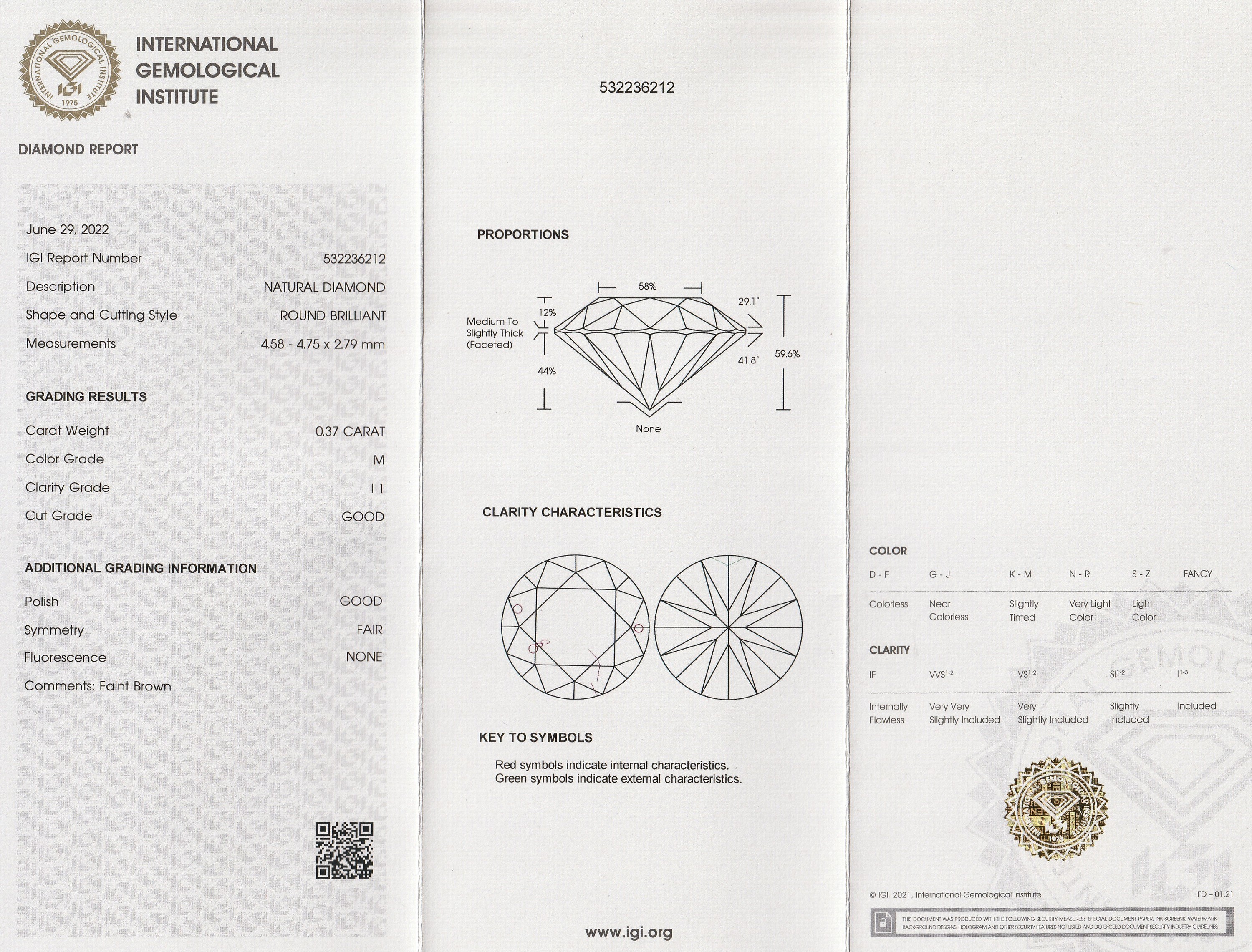 Detail a: Loser Brillant 0.37 ct, get. Weiß (M) faint Brown/p 1, eingeschweißt, IGI-Report 06/2022