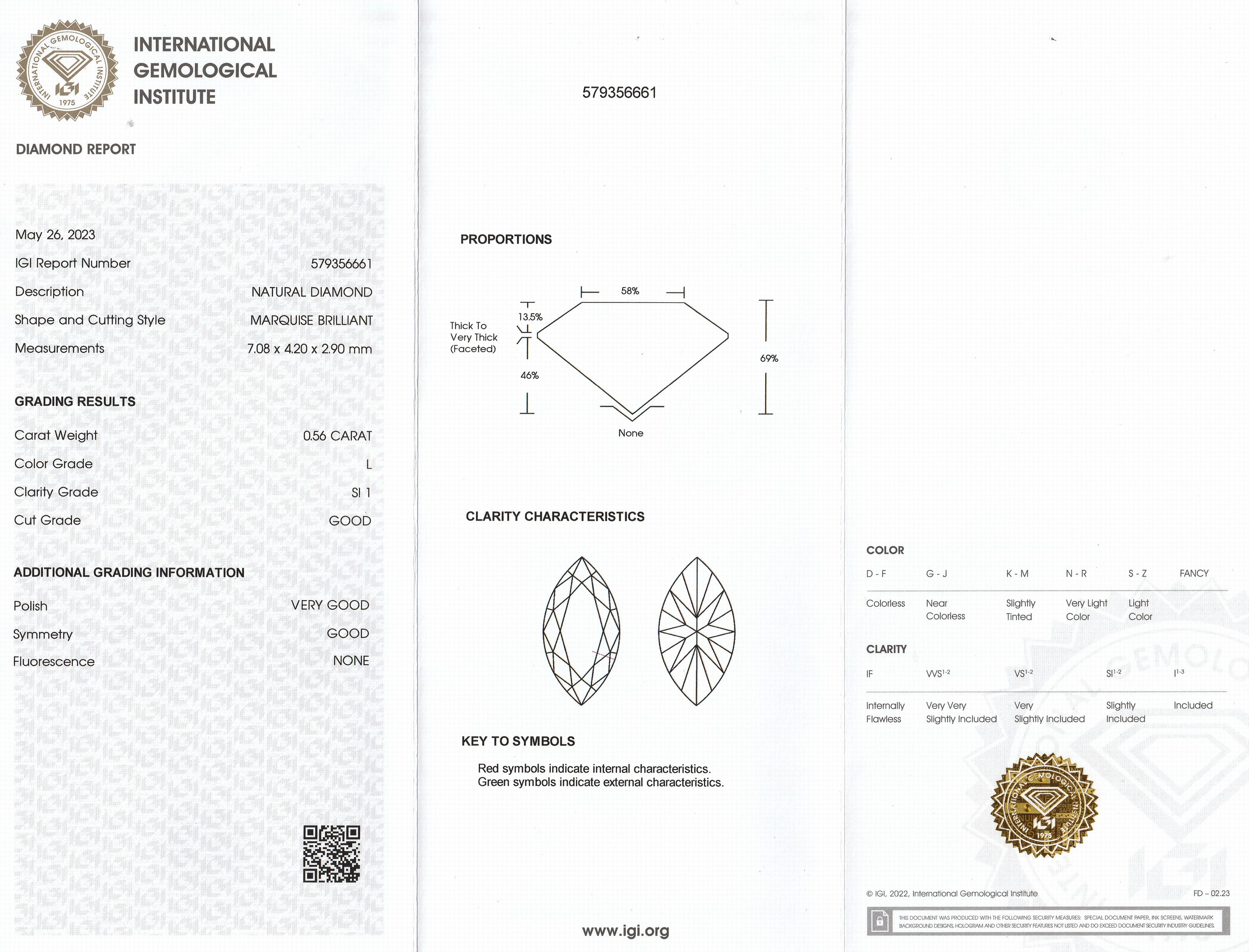 Detail a: Loser Diamant 0.56 ct, get. Weiß (L)/si1, facett. Navette, eingeschweißt IGI-Report 05/2023