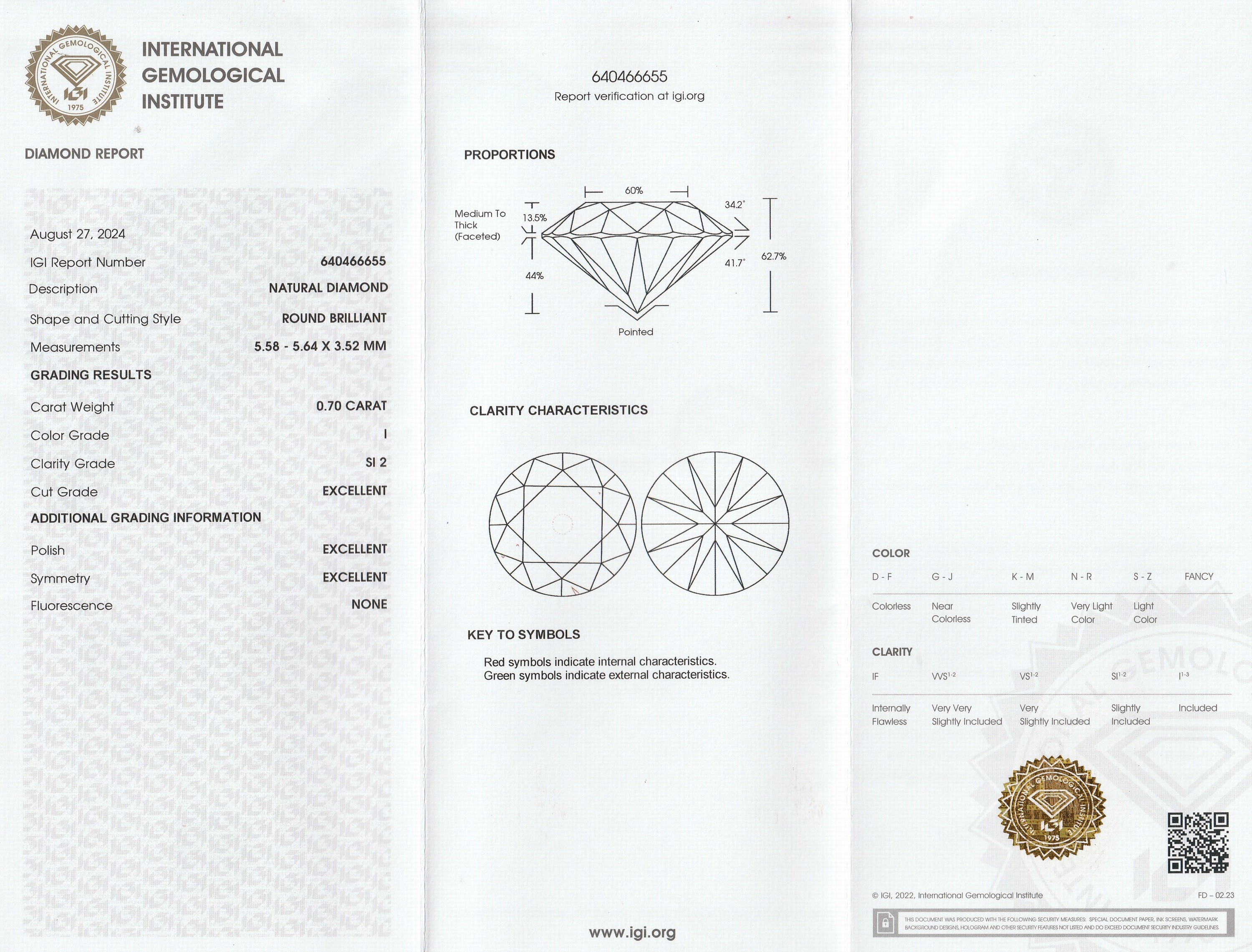 Detail a: Loser Brillant 0.70 ct, l.get.Weiß (I)/si2, eingeschweißt, IGI-Report 08/24