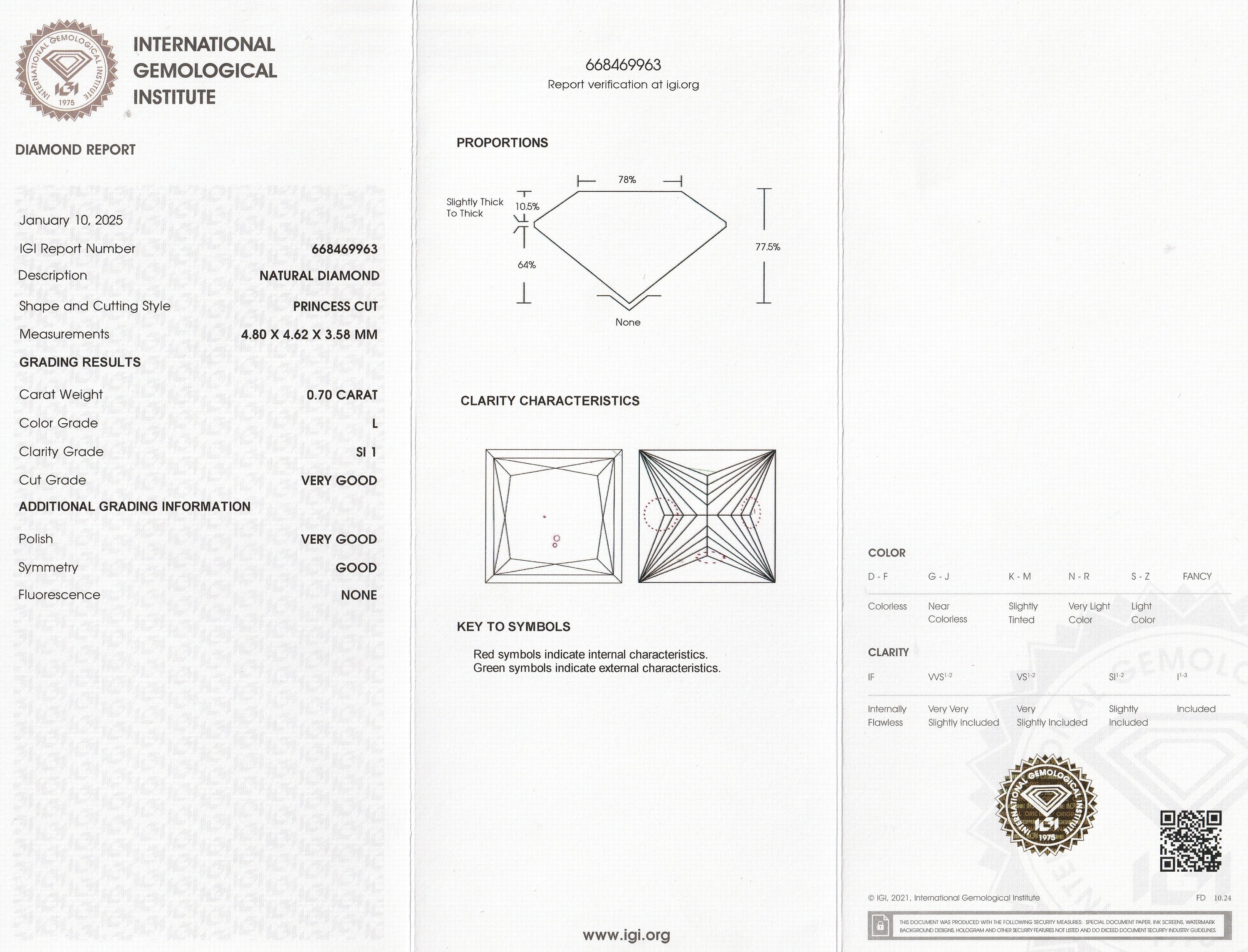 Detail a: Loser Diamant 0.70 ct, get.Weiß (L)/si 1, im Princess-Cut, eingeschweißt, IGI-Report 01/2025