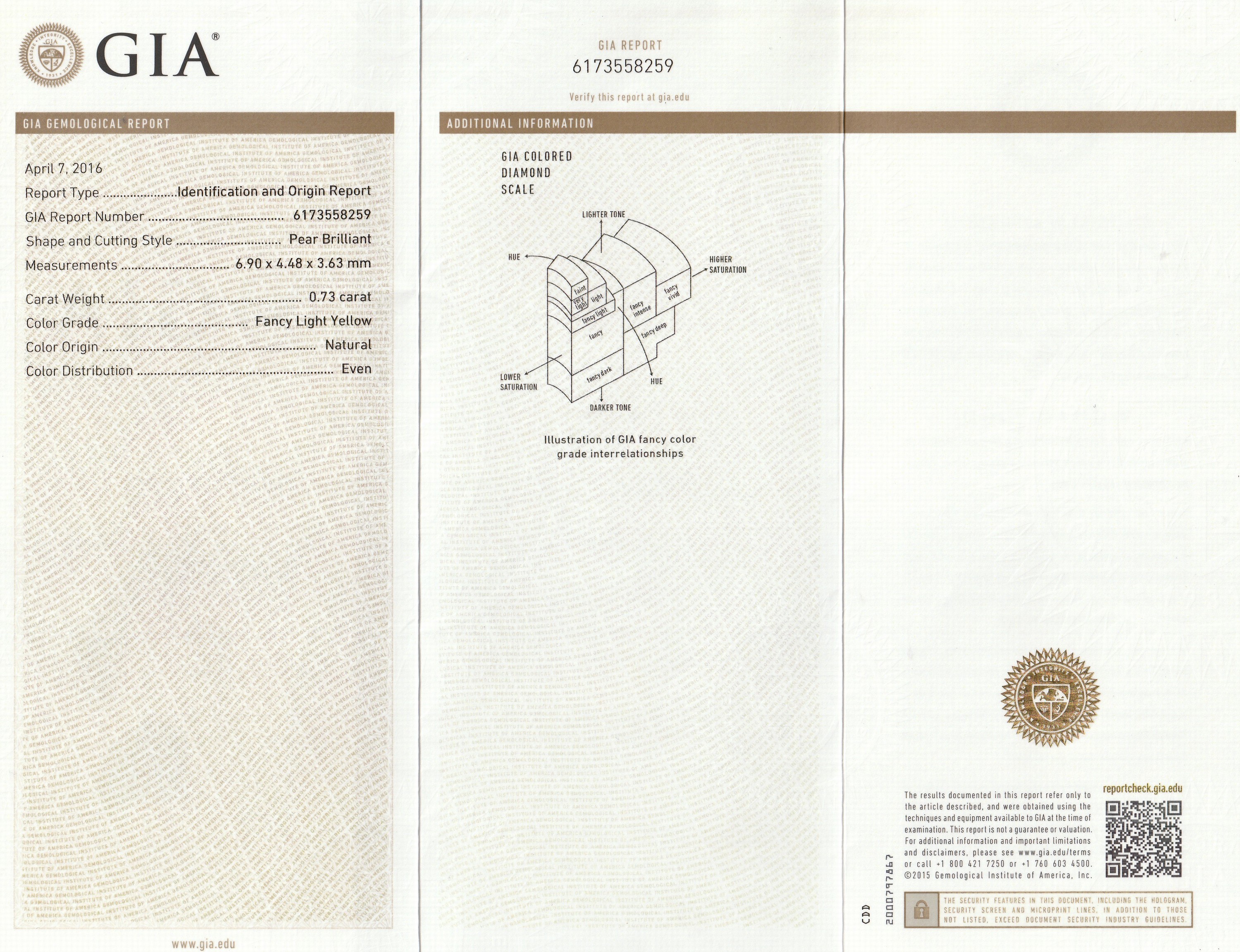 Detail c: Loser Diamant 0.73 ct, natural fancy light yellow, facett. Tropfen, GIA-Report 04/16