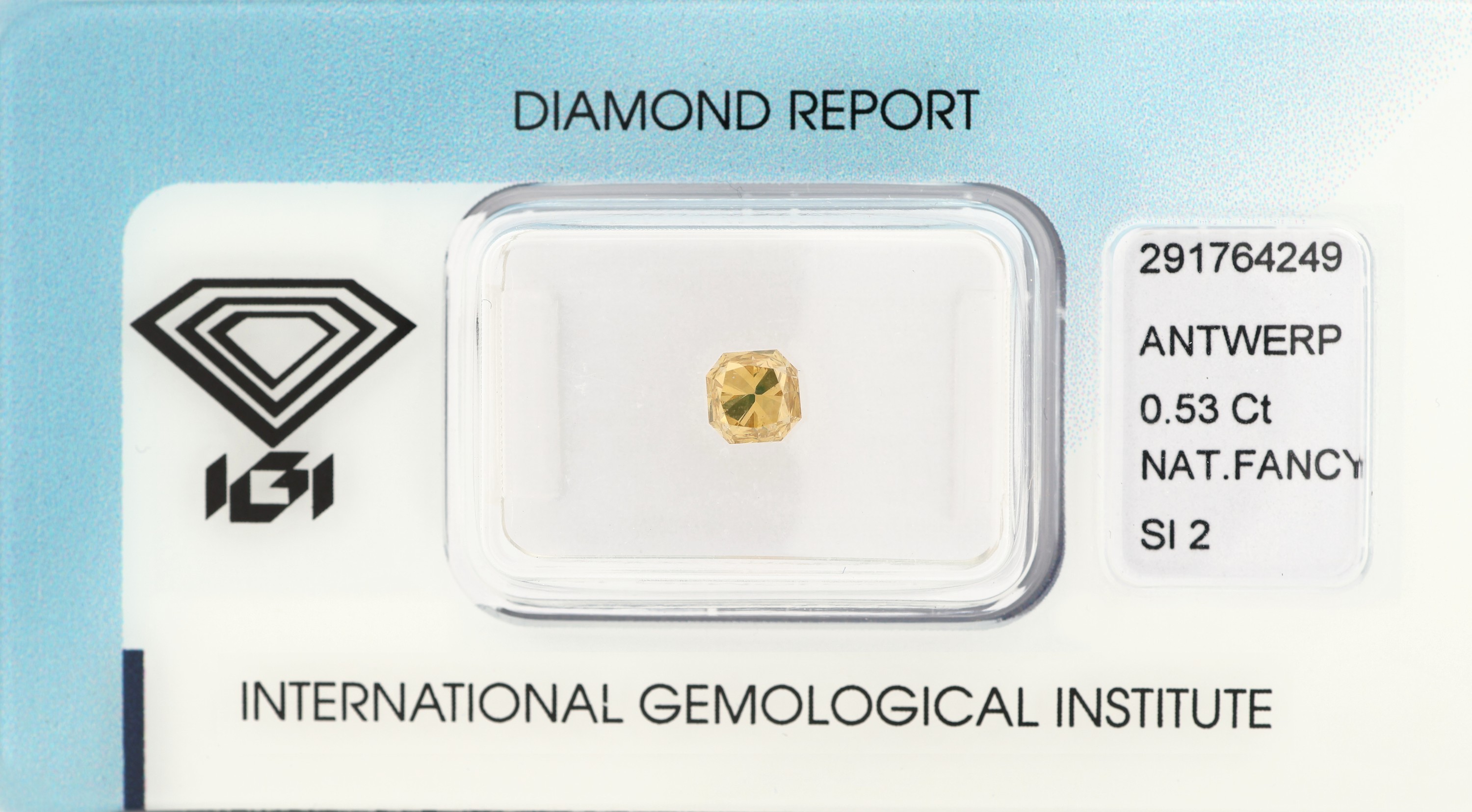 Loser Diamant 0.53 ct, natural fancy brownish yellow/si 2, oktagonaler Rechteckschliff, 4.40 x 4.36 x 3.58 mm, eingeschweißt, IGI-Report 11/2017