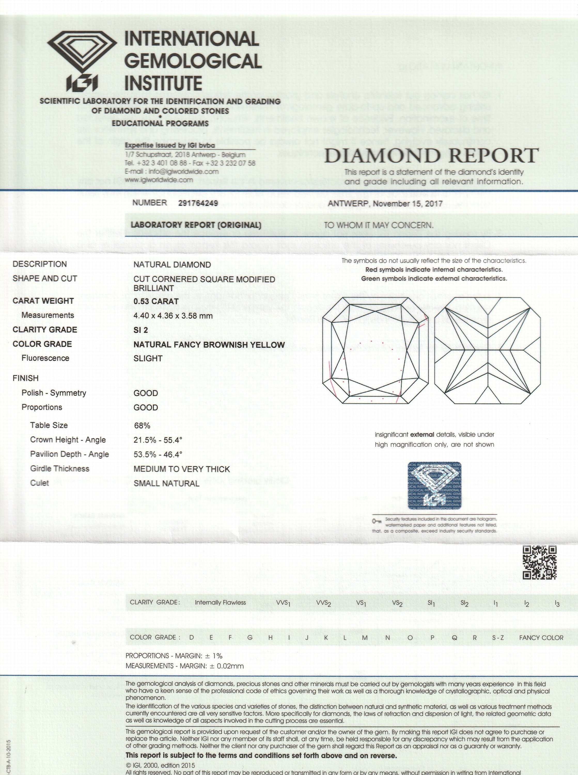 Detail a: Loser Diamant 0.53 ct, natural fancy brownish yellow/si 2, oktagonaler Rechteckschliff, 4.40 x 4.36 x 3.58 mm, eingeschweißt, IGI-Report 11/2017