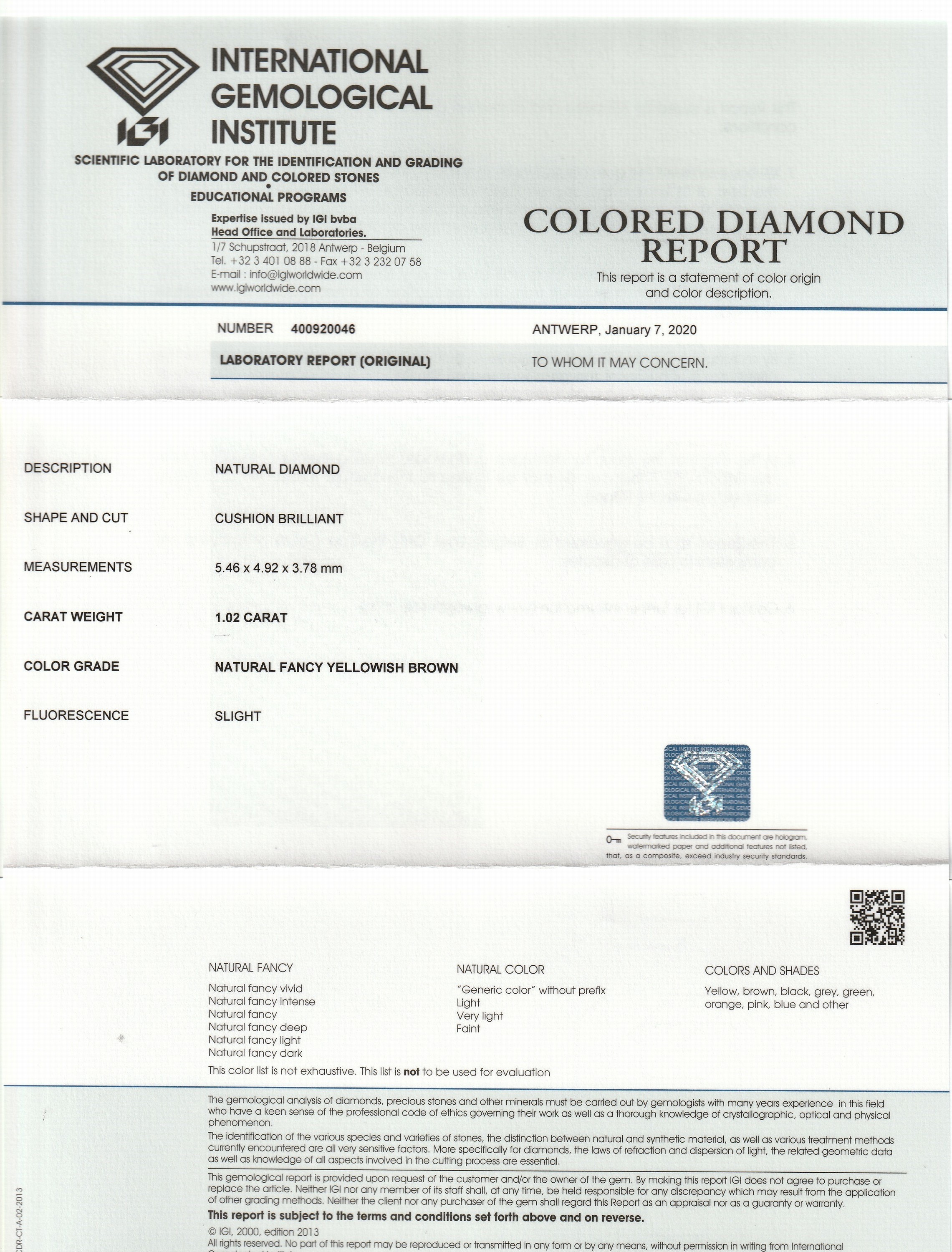 Detail c: Loser Diamant im Kissenschliff 1.02 ct naturalfancy yellowish brown, 5.46 x 4.92 x 3.78 mm, IGI-Report 01/20
