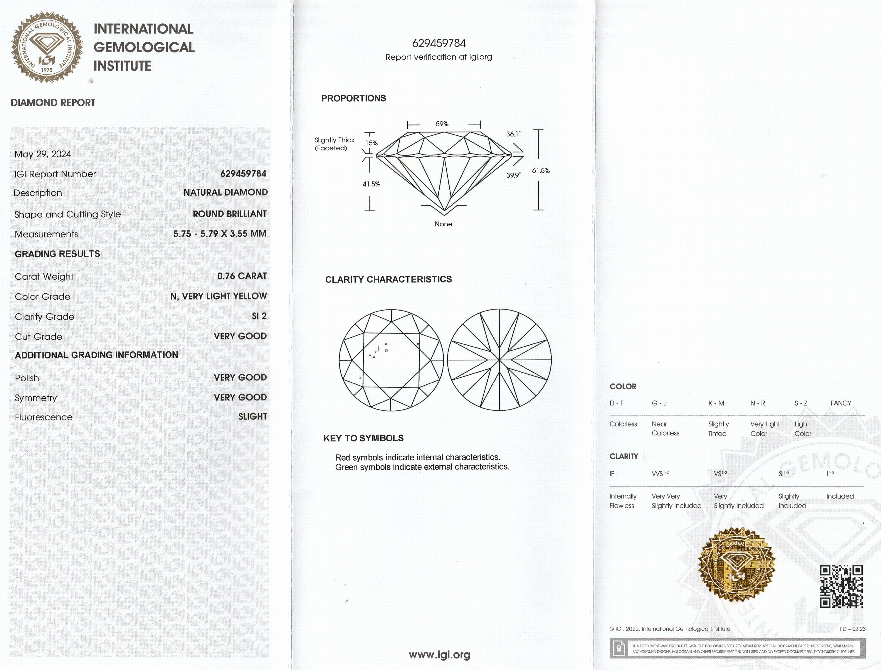 Detail a: Loser Brillant 0.76 ct, Getönt (N, very light yellow)/si 2, eingeschweißt, IGI-Report 05/24