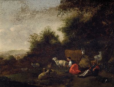 Image 26949204 - Nicolaes Pietersz. Berchem, 1620-1683, pastorale Landschaft mit Hirten bei der Rast, ...