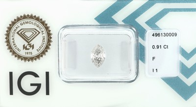 Image Loser Diamant 0.91 ct, feines Weiß (F)/p1, Navette, eingeschweißt, IGI-Report ...