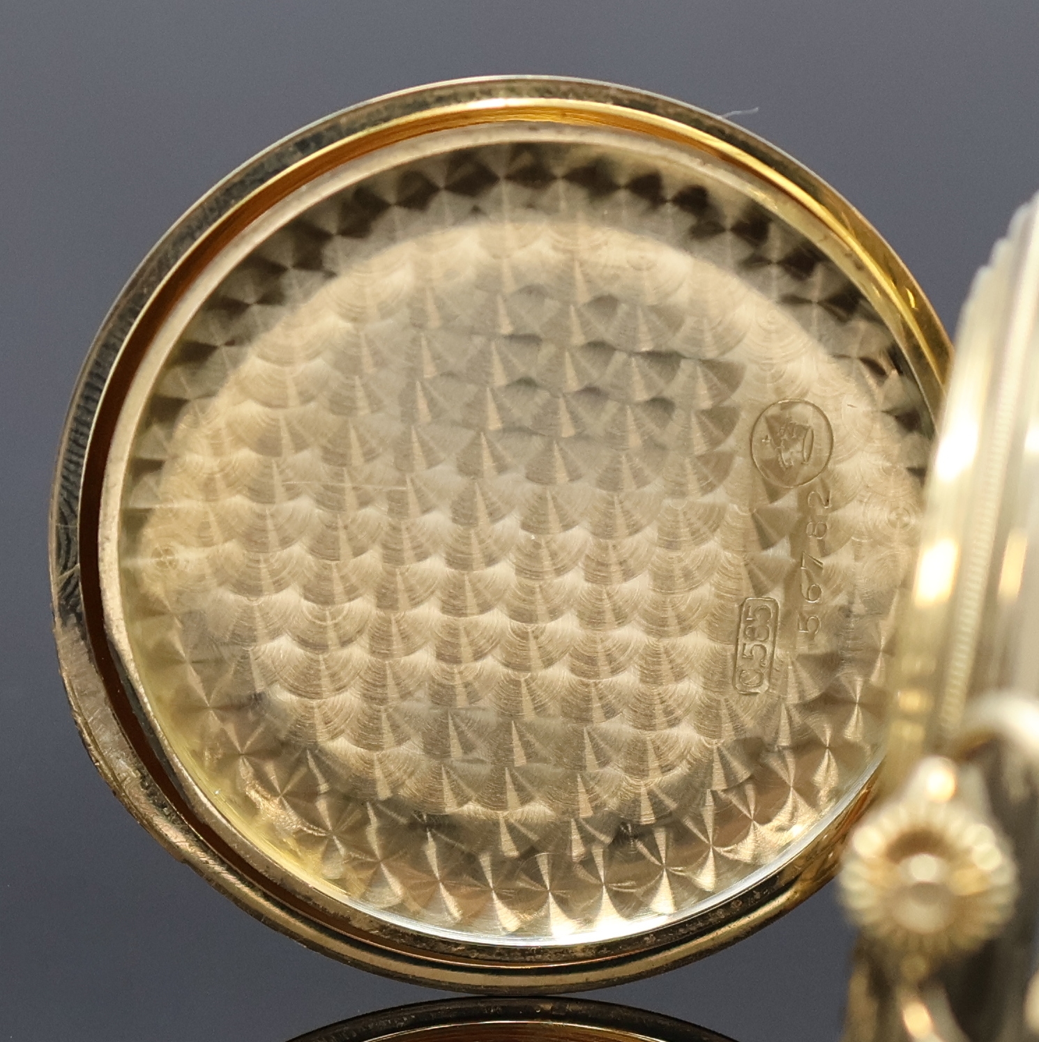 Detail d: DEUTSCHE UHRENFABRIKATION GLASHÜTTE/SA LANGE- UHR/OLIW Savonette in GG 585/000, Deutschland um 1914, glattes 3-Deckel Goldgeh. dell., geriffelter ...
