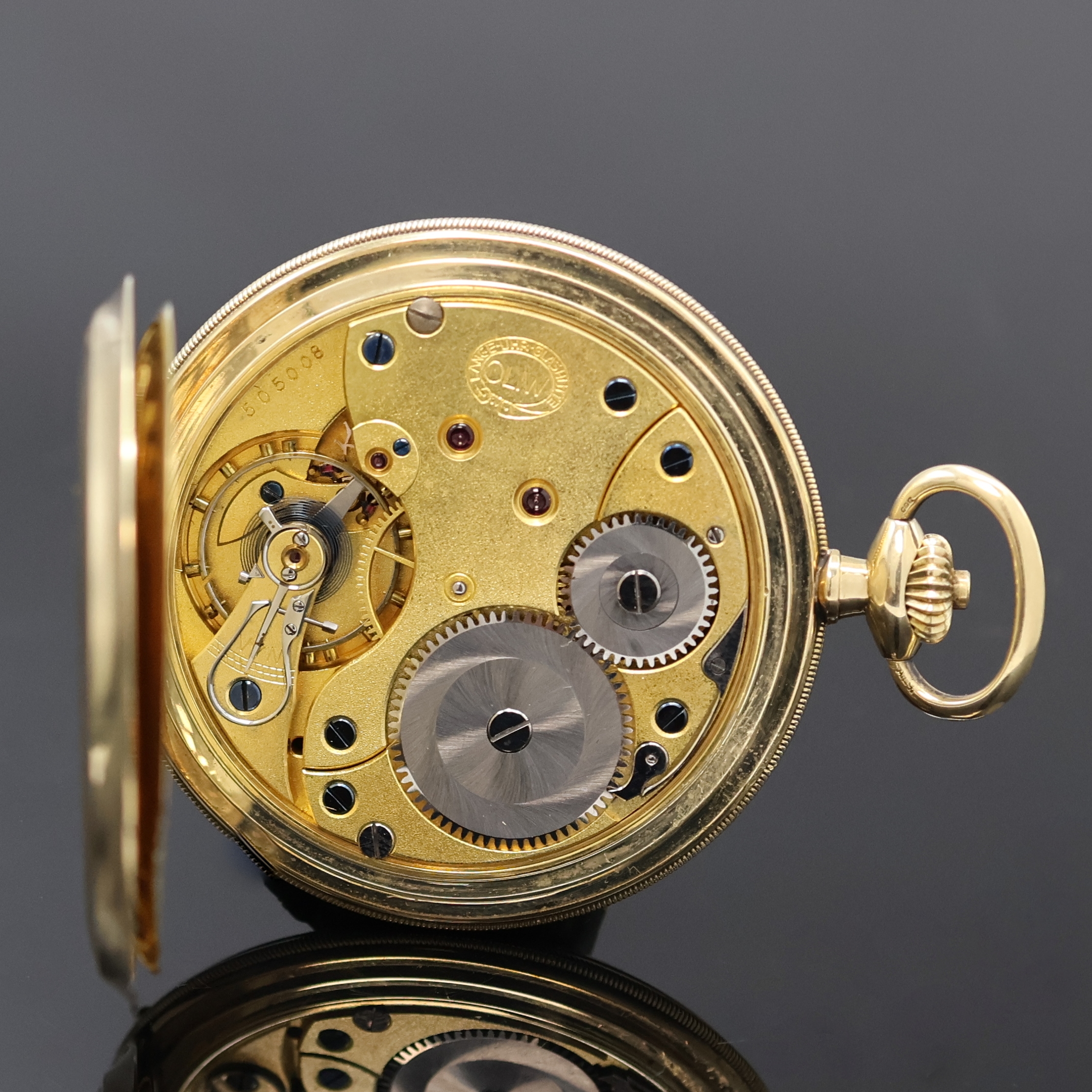 Detail e: DEUTSCHE UHRENFABRIKATION GLASHÜTTE/SA LANGE- UHR/OLIW Savonette in GG 585/000, Deutschland um 1914, glattes 3-Deckel Goldgeh. dell., geriffelter ...