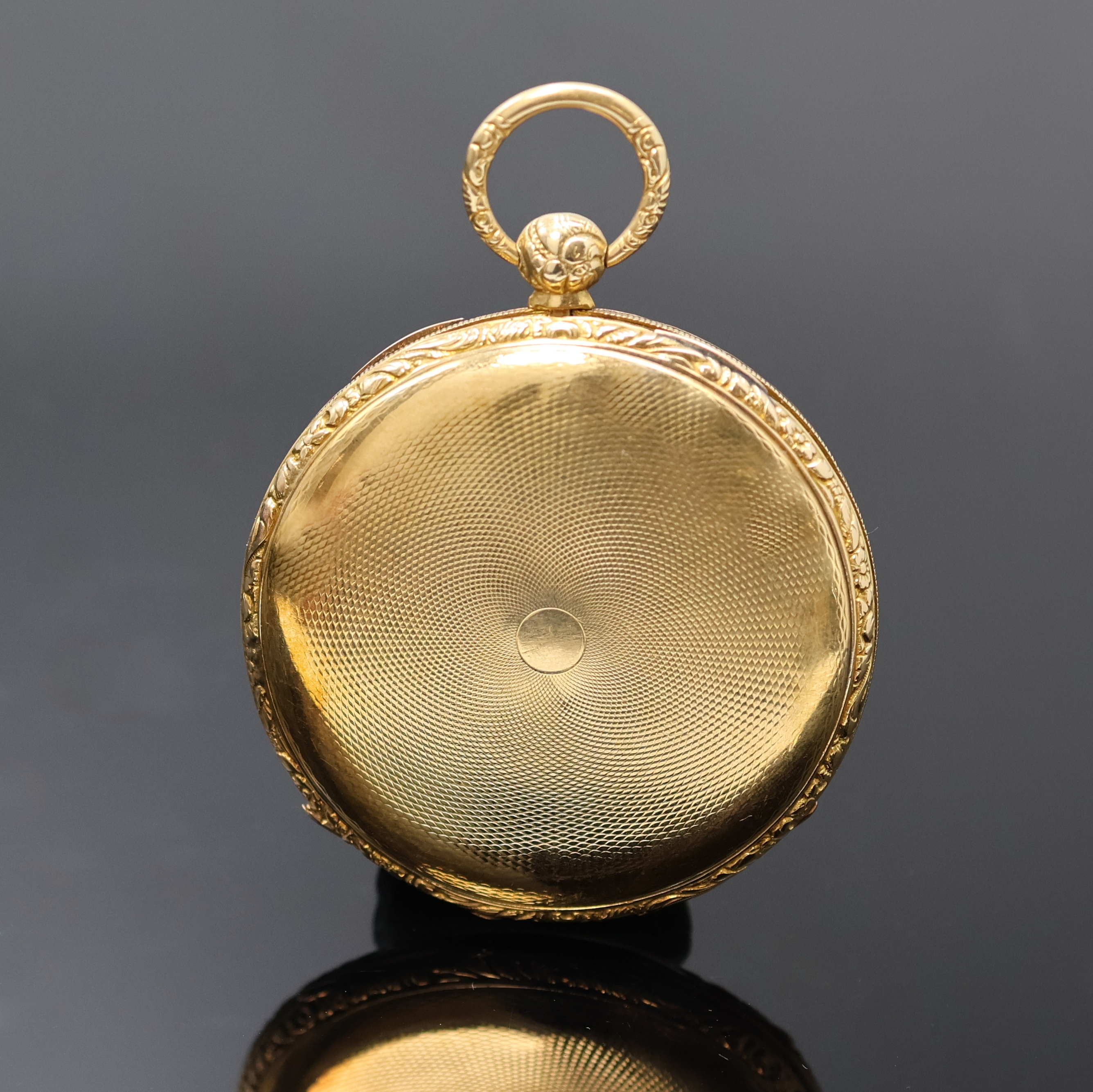 Detail a: Offene Herrentaschenuhr in GG 750/000, Schweiz um 1840, floral grav. u. guill. Geh. dell., verg. Cuvette, sign., vers. Zifferbl. m. röm. Zahlen, ...