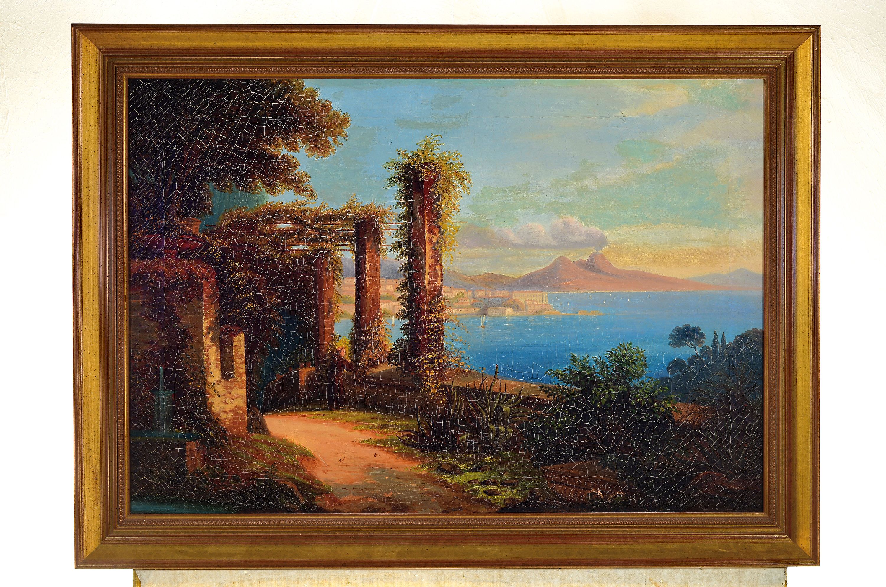 Detail k: Unbekannter Künstler, 2. Hälfte 19. Jh., Blick auf den Golf von Neapel mit dem rauchenden Vesuv im Hintergrund, Öl/Lwd, krakeliert, auf dem ...