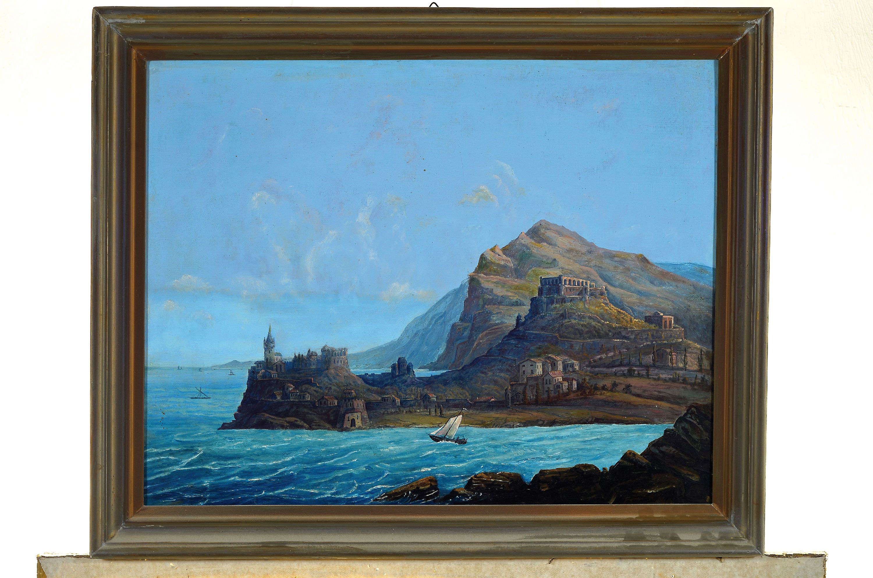 Detail k: Unbekannter Maler, wohl Italien, um 1900, Blick auf Porto Venere, Öl/Malkarton, unsigniert, detaillierte Darstellung der Festung und des ...