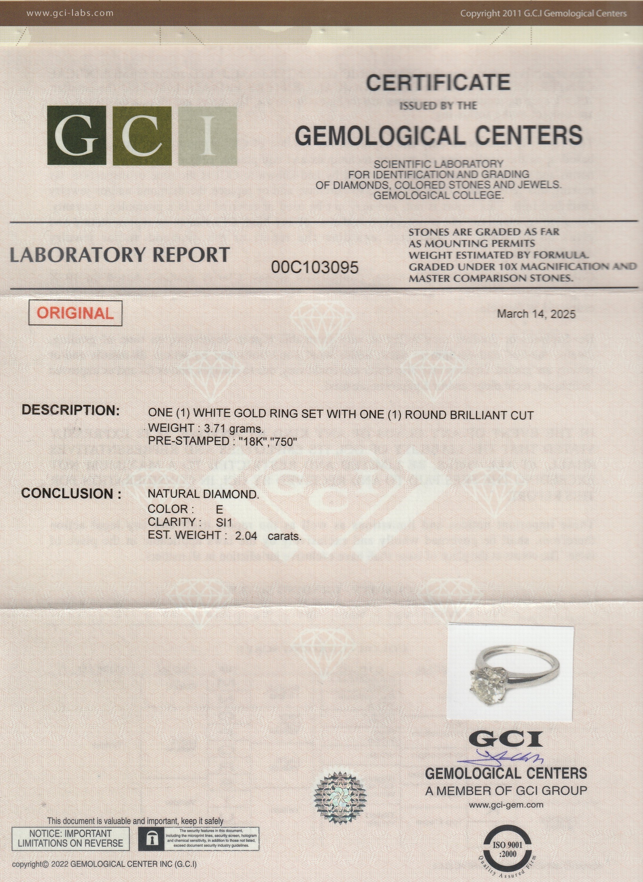 Detail a: 18 kt Gold Brillant-Ring, WG 750/000, Brillant ca. 2.04 ct hochfeines Weiß(E)/p1, RW54, ca. 3.7 g, mit GCI-Expertise
